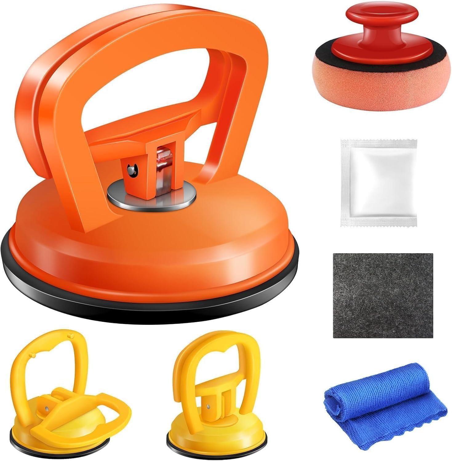 dent puller,car dent puller 3 pack dent remover tool dent removal kit for car suction cup dent puller and dent repair kit for car body,screen,tiles lifting,objects moving(orange+yellow+black)