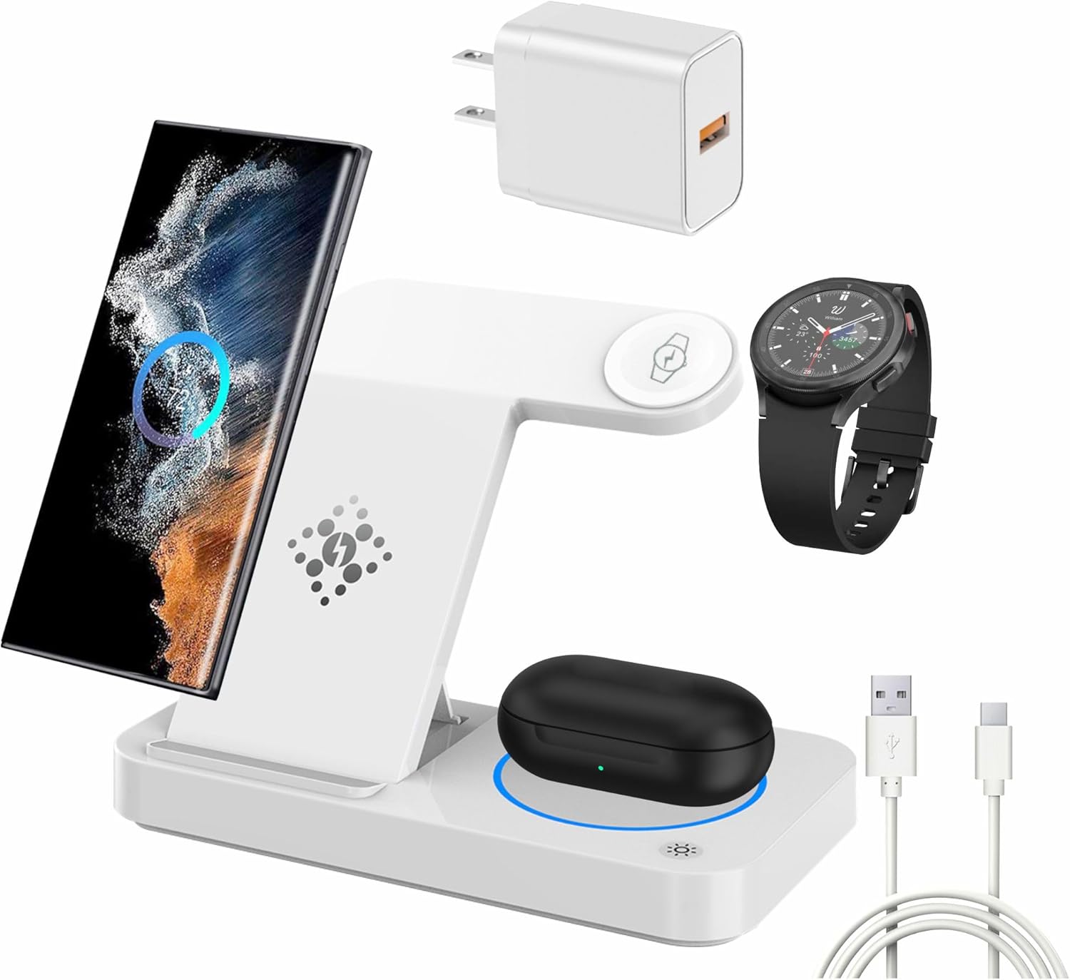 3 in 1 Charging Station for Samsung Android: Wireless Phone and Watch Charger for Galaxy S26 S25 Ultra/S24/S23/Z Fold, Wireless Charger Stand for Galaxy Watch 9/8/7/6/5 Earbuds 4/3/Pro (White)
