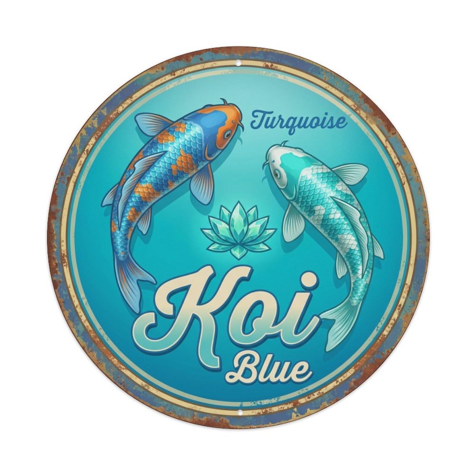 Metal Tin Sign Koi Fish Blue Aqua Gem Crystal Japanese
