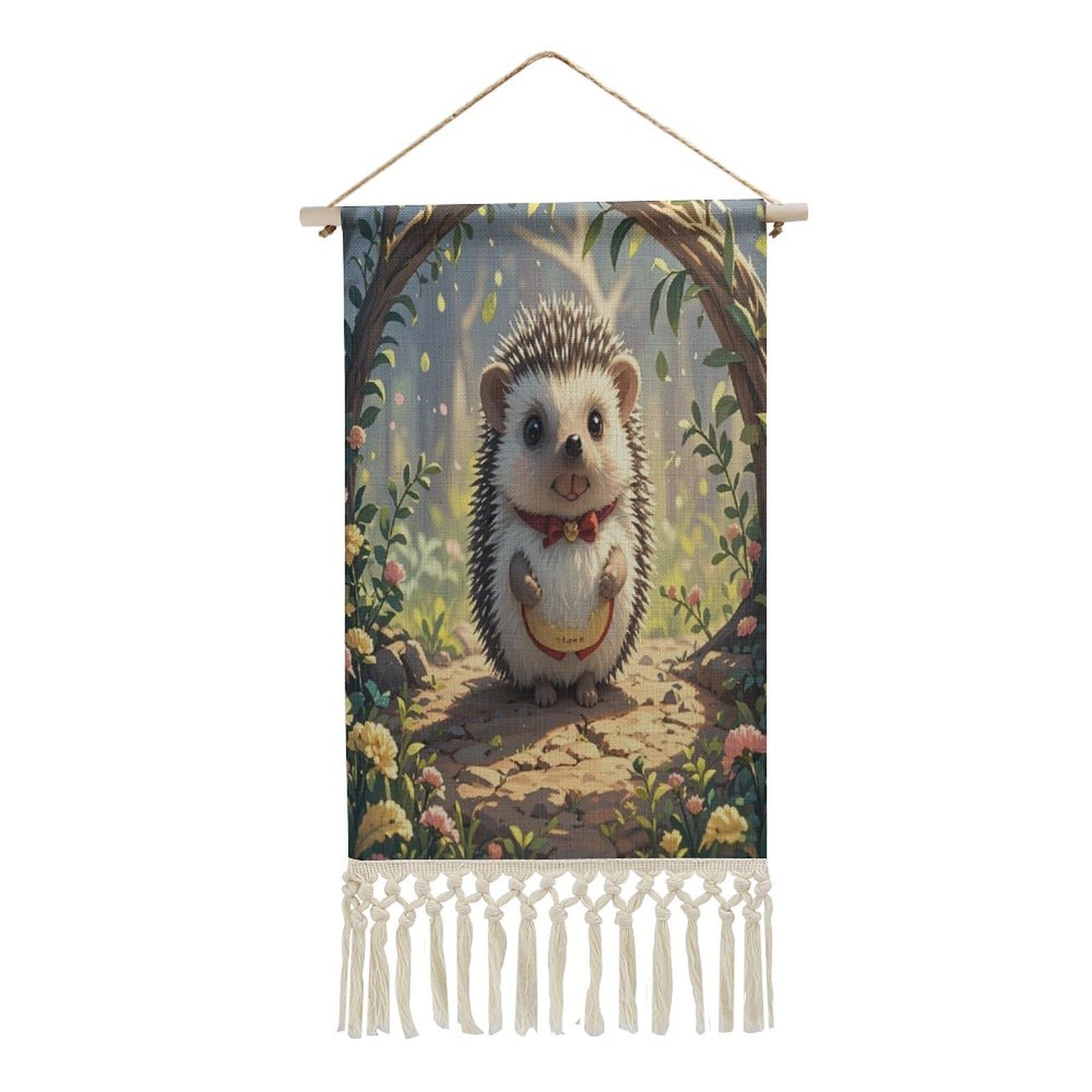 FekiLoot Lovely Hedgehog Wall Art Print Decor Art Tapestry with Tassel Cotton Linen Hanging Poster Vintage Aesthetic Wall Art Poster Rustic Wall Art Decor for Home Bedroom Living Room Office