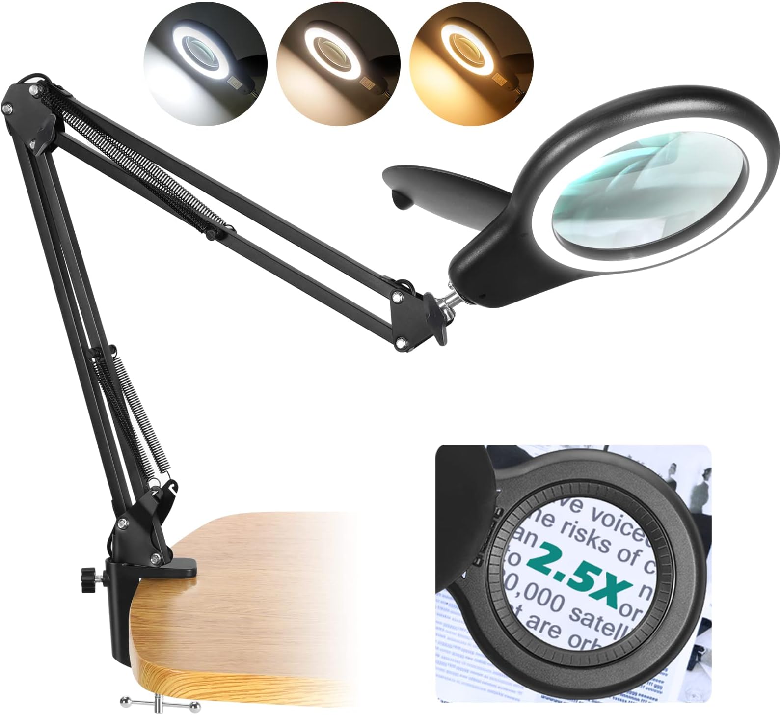 2.5X Desk Magnifying Glass with Light, TOMSOO 2,000 Lumens, 3 Color Modes Stepless Dimmable, Real Glass Lens LED Magnifying Lamp with Clamp, Standing Work Lighted Magnifier Hands Free for Hobby Crafts