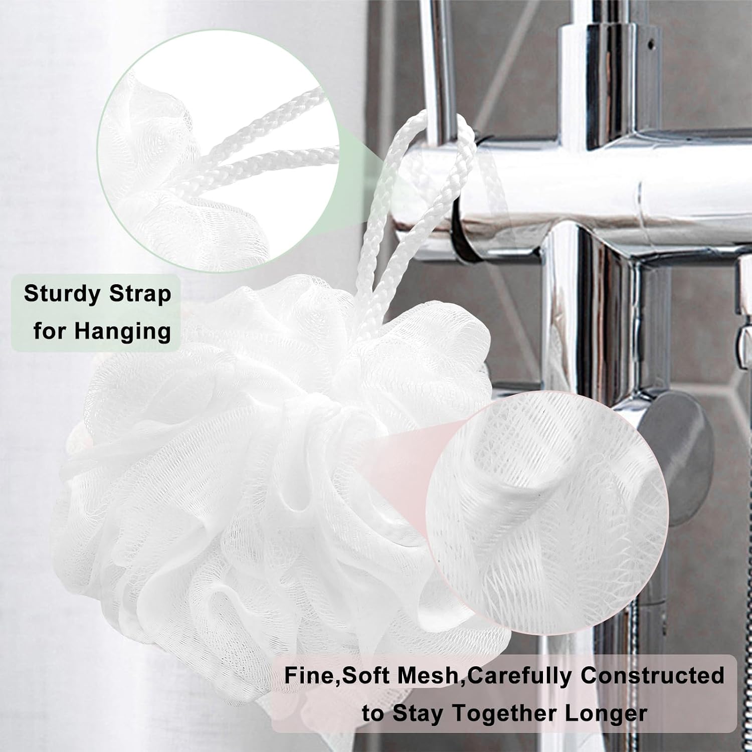 Loofah Charcoal Bath Shower Sponge Body Scrubber,75g Exfoliate Mesh Pouf Shower Bouquet,3 Pack Large Bath Sponge for Women and Men（White Pink Green）
