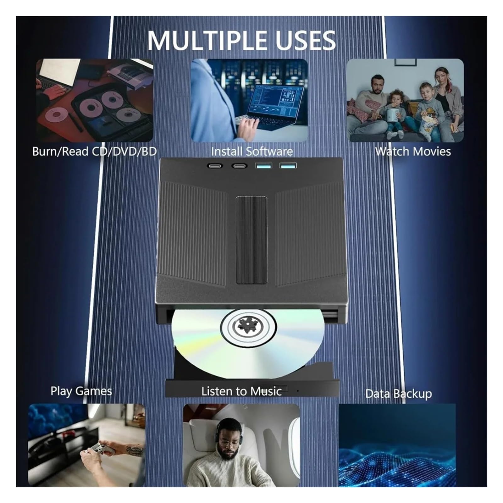 Zewnętrzny Napęd Blu-ray 7 W 1, Obsługa Dysków 100 GB, Nagrywarka Blu-ray/DVD USB 3.0, Odczyt I Zapis Płyt CD/DVD Wyczyść Proces Odtwarzania