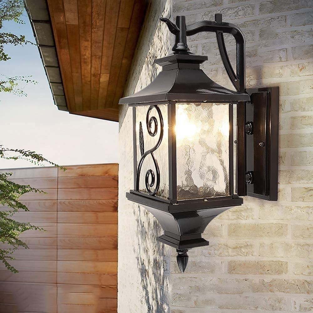Europejski styl retro, zewnętrzny, wodoodporny, lampa ścienna Victoria E27, balkon, ogród, patio, willa, lampa ścienna, szklana latarnia, korytarz, oświetlenie dziedzińca (kolor: czarny)