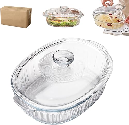 Miniatura 6 de Cacerola de vidrio de 1.5L con tapa, resistente al calor y al frío, bandeja para hornear ovalada con asas, apta para horno y microondas