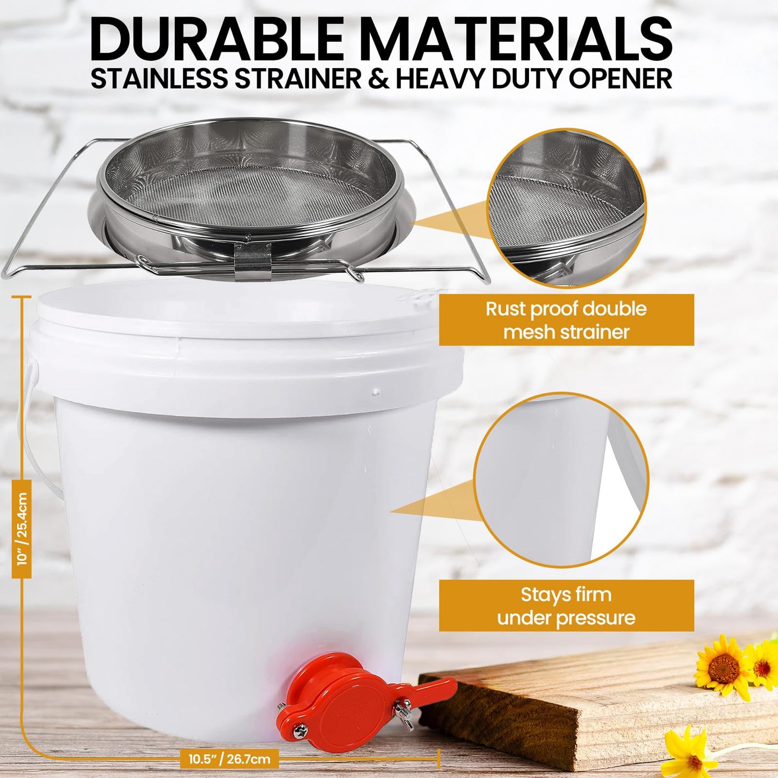 Secchio per imbottigliamento miele con colino, 10 litri in ABS con valvola a saracinesca per api e hobbisti – completo di apriscatole