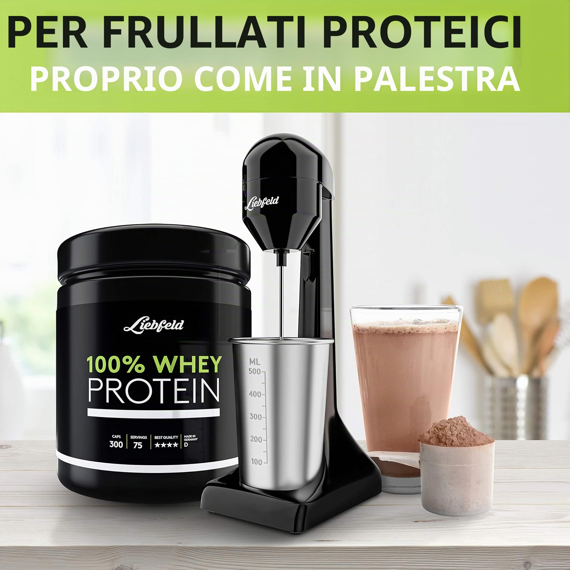 Liebfeld Shaker proteico elettrico – Frullatore a immersione con tazza in acciaio inox da 500 ml, frullato proteico e latte shake, fitness, bianco d'uovo, frullatore frappe, frullatore per frullati