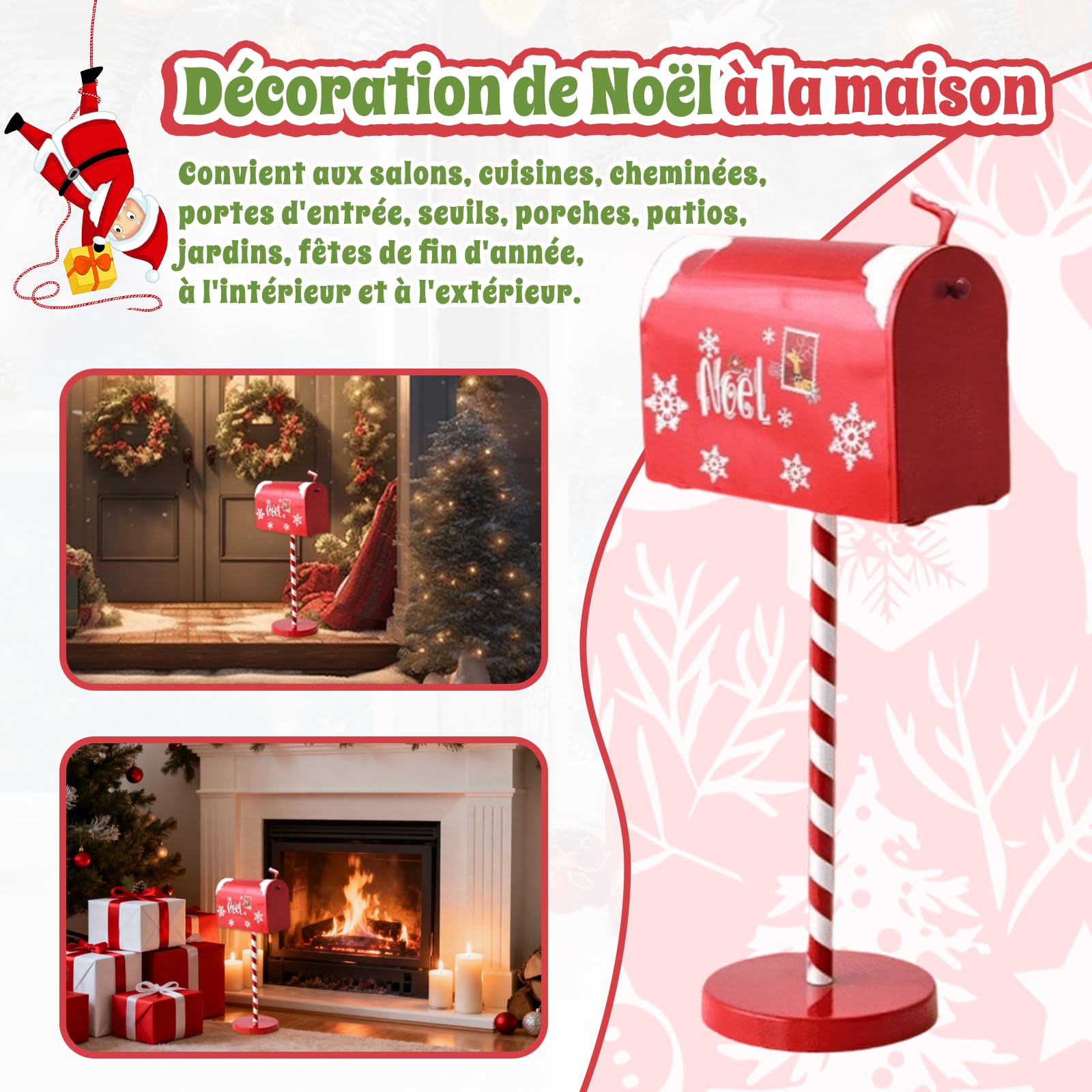 F Fityle Boîte aux Lettres de Noël en Fer, Facile à Installer, Boîte à Cartes de Vœux, Décoration de Porte d'Entrée avec Support, Collecteur de Messages Festifs, pour Intérieur et Extérieur, 22cmx50cm