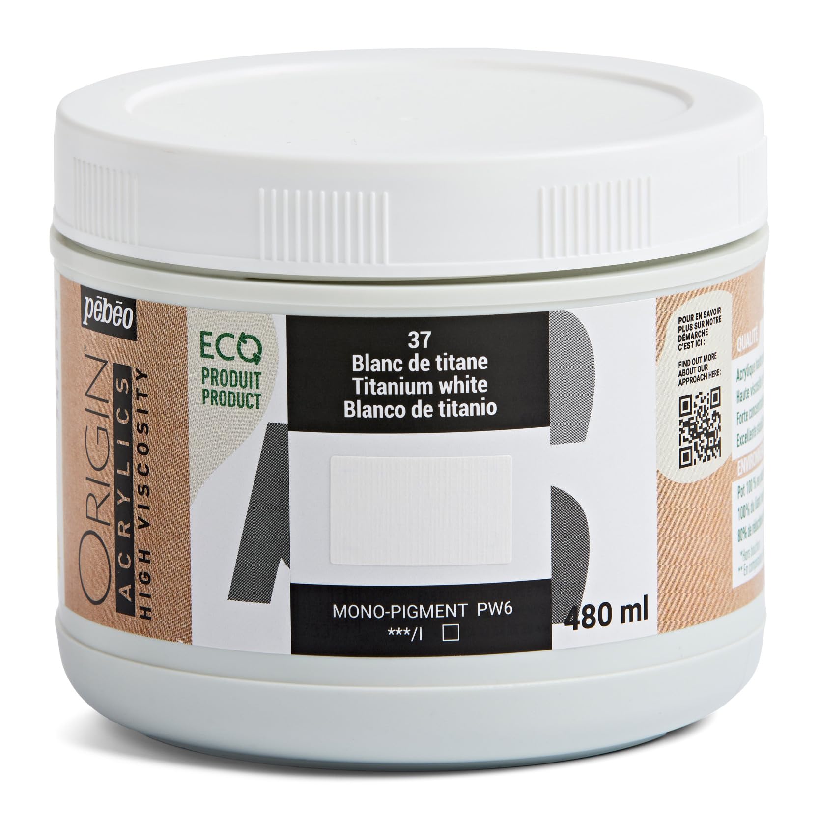 PEBEO - Origin Acrylics 480 ml - Eco-designed Acrylic Paint - High Viscosity - Matt Finish - 100% Recycled Binder - 96% European Origin Raw Materials - Titanium White — image 1