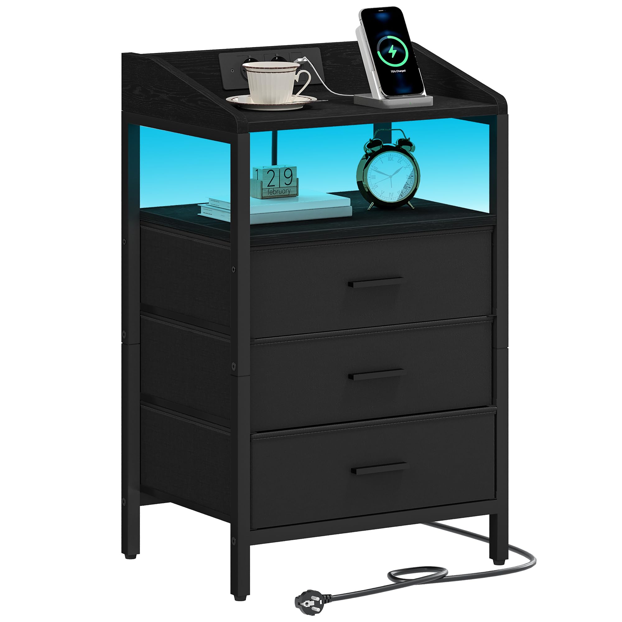Hzuaneri Mesillas de Noche con Luces LED y Estación de Carga, Mesa Auxiliar con 3 Cajones de Almacenamiento de Tela, con Puertos USB y Enchufe Tipo C, para Dormitorio, Sala de Estar, Negro NS36304B