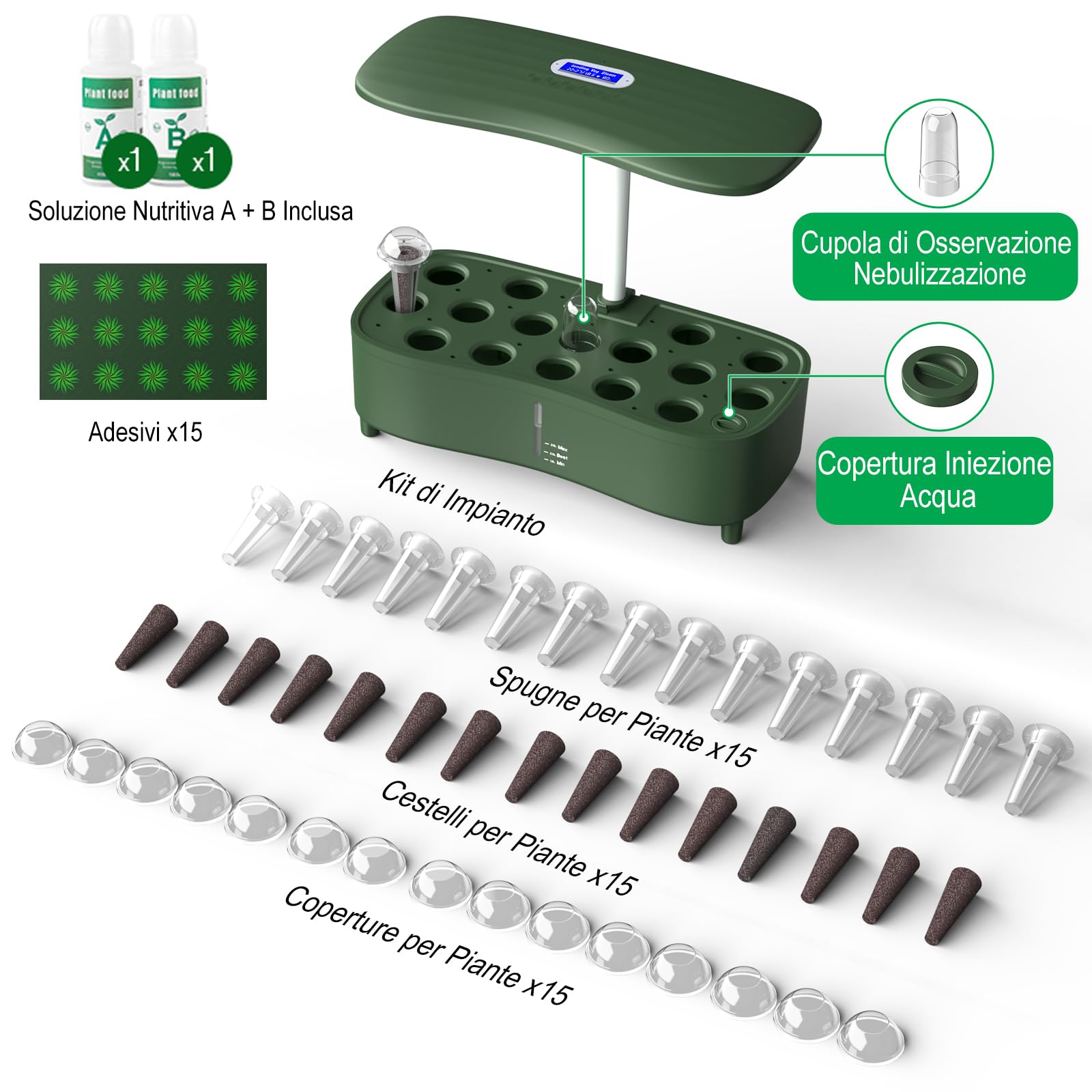serra idroponica, kit giardino di erbe da interno, 15 baccelli, Smart Garden con timer automatico, con Luce di crescita LED a spettro completo, altezza regolabile fino a 20", serbatoio da 5L