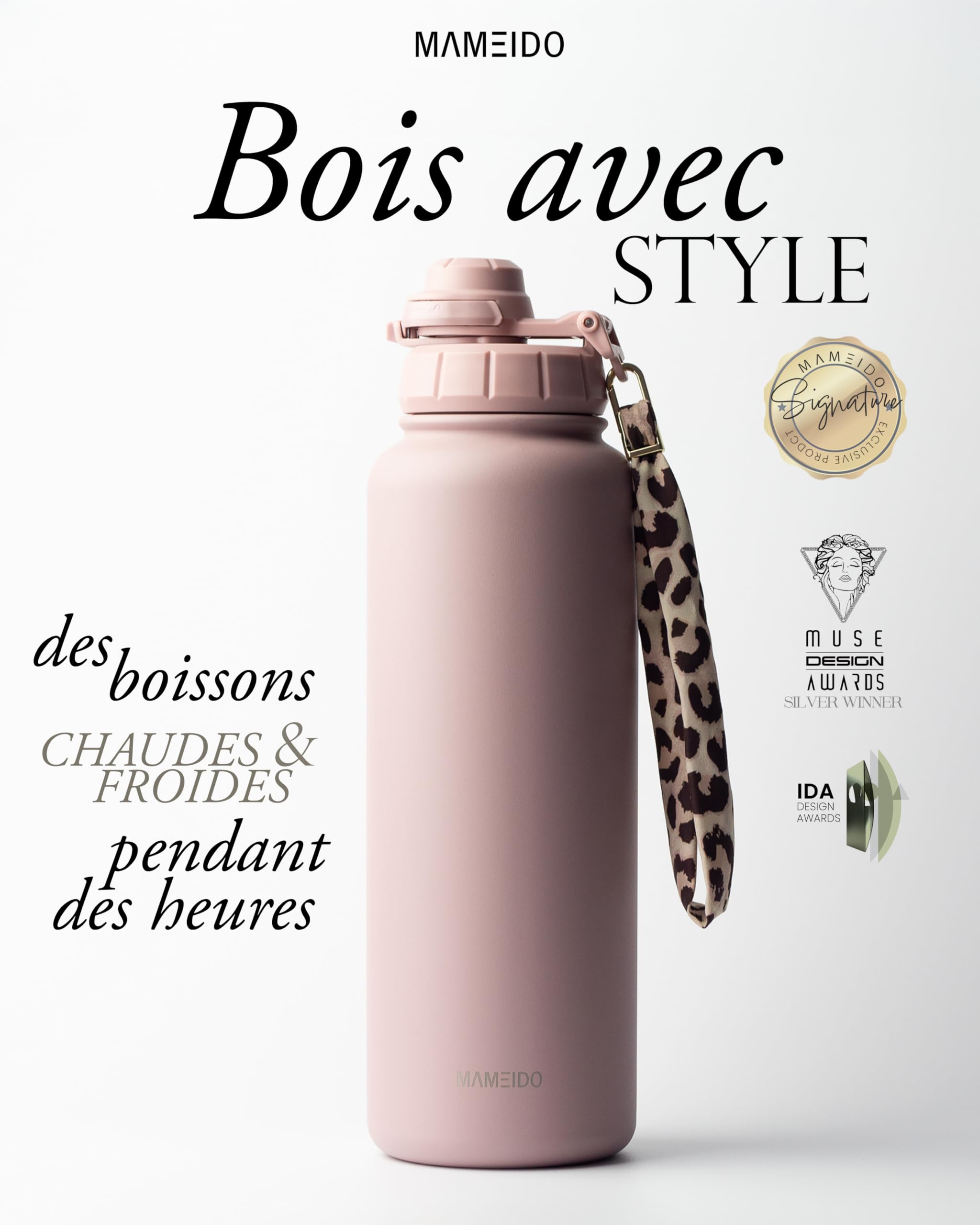 MAMEIDO Gourde Isotherme avec paille 1,2 l, Bouteille Isotherme inox sans BPA, Gourde étanche & Poignée de Transport, Water Bottle (Powder Blush)