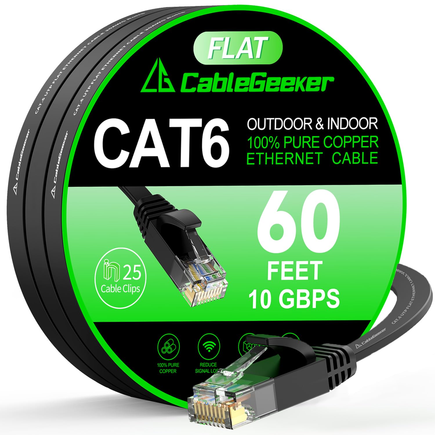 Cat 6 Ethernet Cable 60 ft, Indoor&Outdoor, High Speed 10Gbps Flat Internet Network Cable, Pure Copper Ethernet Patch Cable Long, Computer LAN Cable with Clips & Straps for Router, Modem, PS4/5, Black