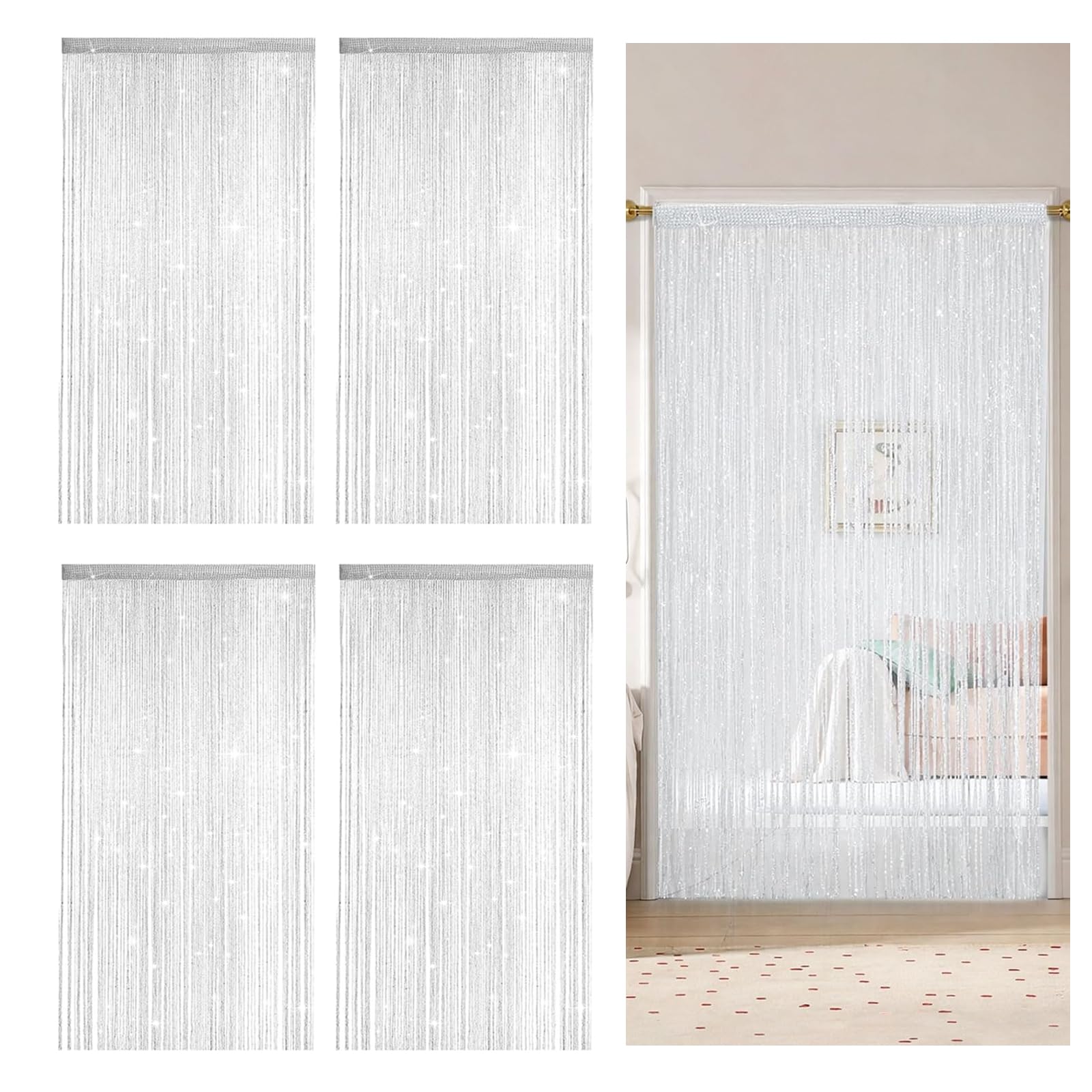 4 Tende a Fili per Porta, 100x200 cm Tende a Filo per Interni, Tenda Porta con Brillantini, Decorazione per Finestre, Divisori, per Matrimoni, Feste (bianco)