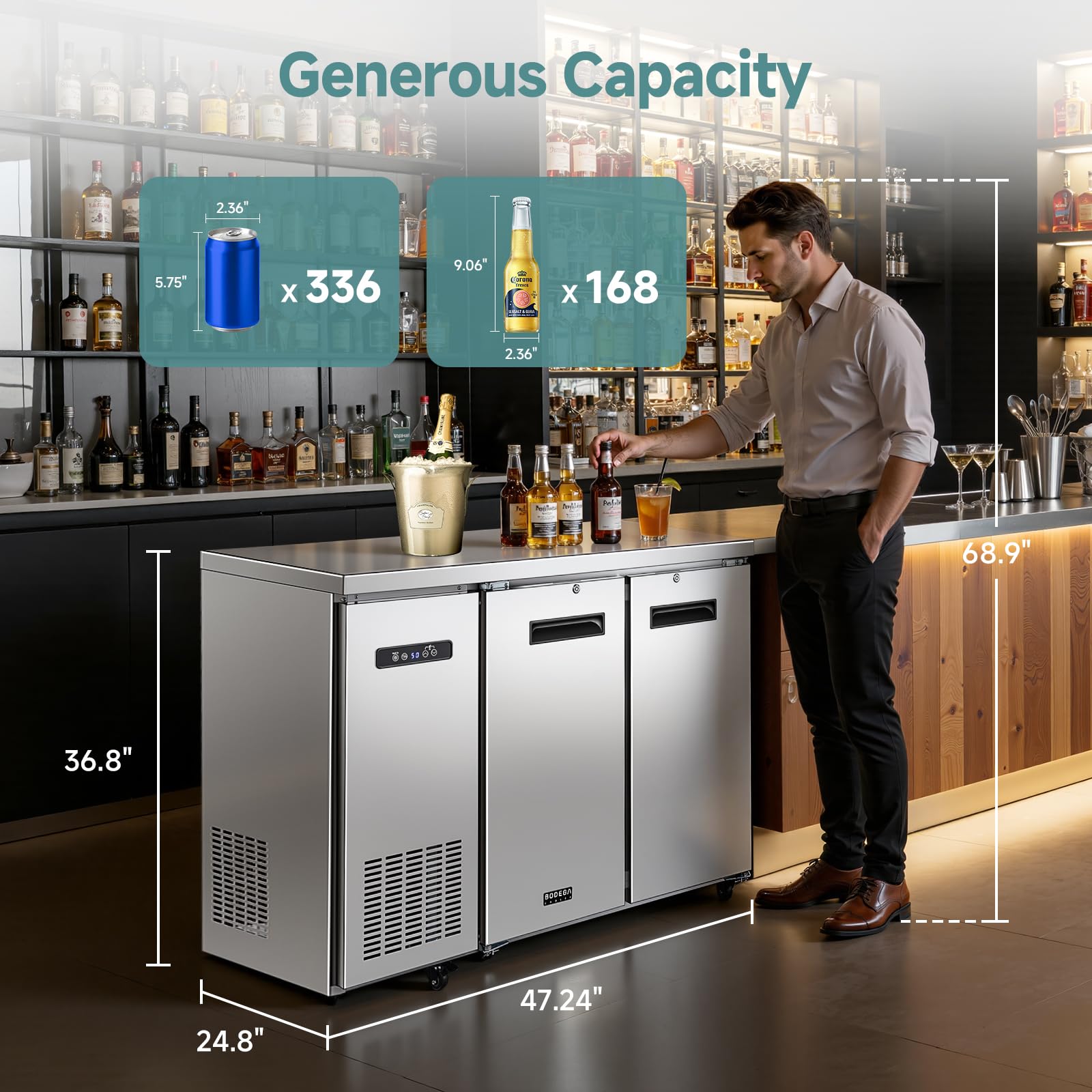 BODEGA Bodegacooler Commercial Back Bar Cooler With 2 Solid Doors,12 Cu.Ft Stainless Steel Commercial Counter Height Bar Refrigerator,Display Drink Beverage Beer Fridge LED Light,Sus304 Top,4 Casters on Fridge.com - View 2