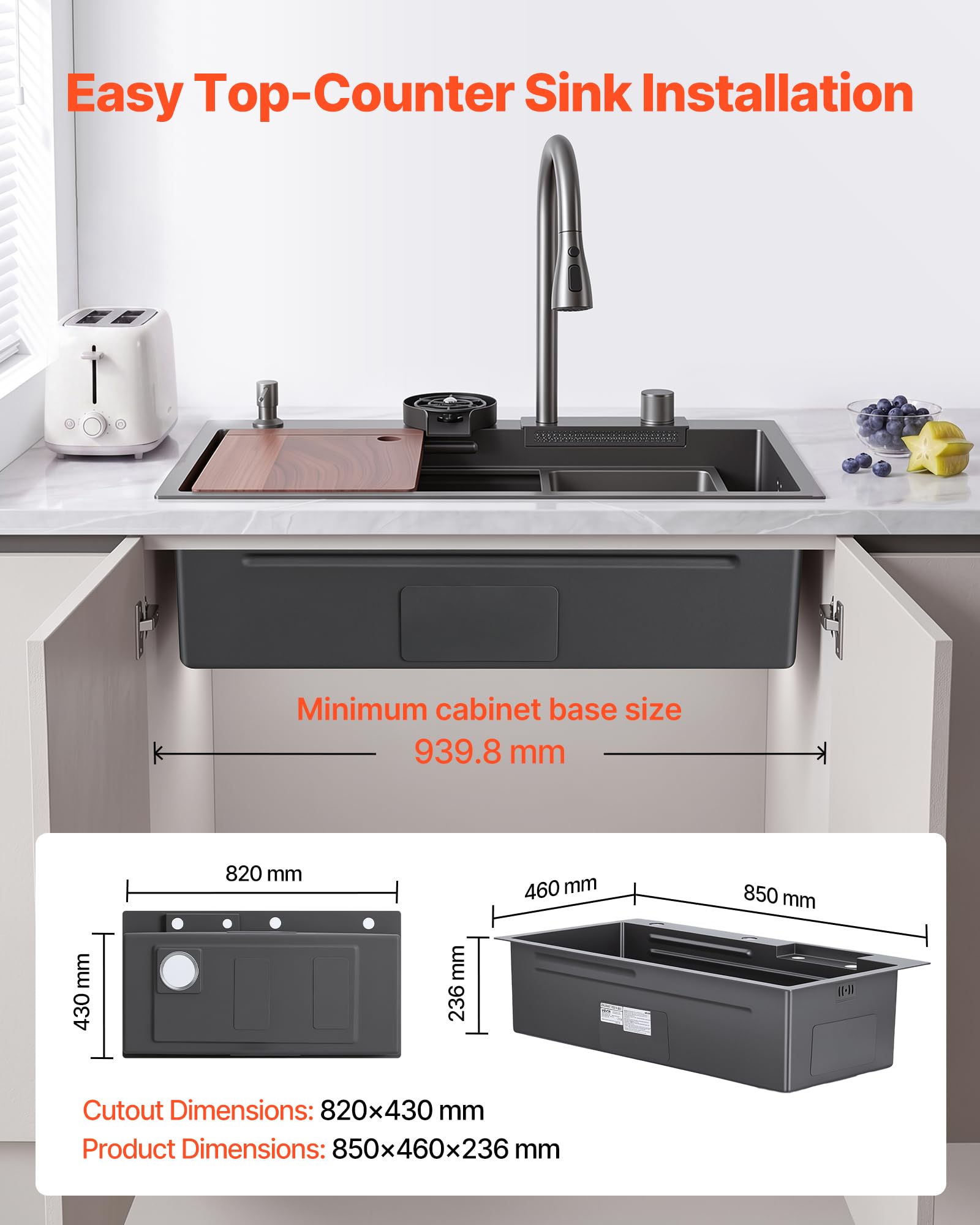 VEVOR Fregadero Sobre Encimera 850 x 460 x 236 mm, Fregadero de Cocina Empotrable de Acero Inoxidable, Esquinas Redondeadas, para Lavavajillas Domésticos, Cocinas Auxiliares, Lavaderos, Negro