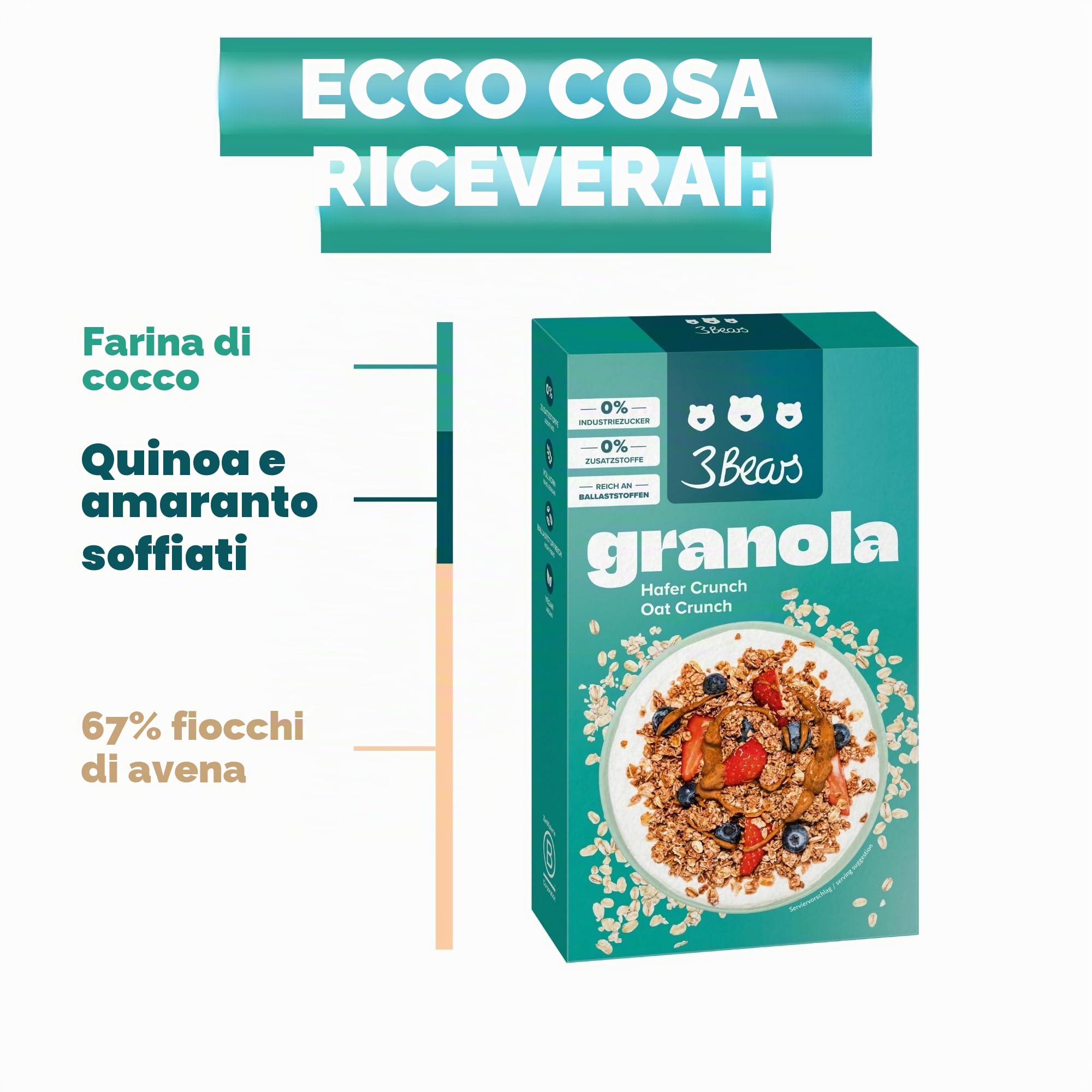 3Bears Granola – Crunch di avena | Granola croccante e vegana con fiocchi di cocco e cannella, 4 x 325 g | Senza zucchero industriale | In collaborazione con Sarah Harrison