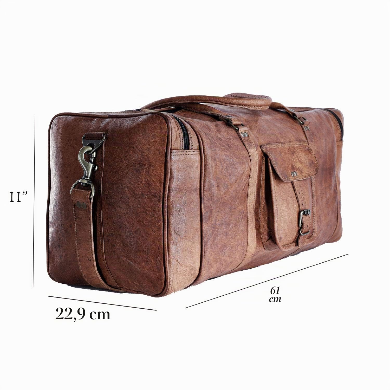 KPL - Borsone in pelle, grande, 61 cm, quadrato, da viaggio, palestra, sport, pernottamento, weekender, borsa in pelle per uomini e donne, Marrone