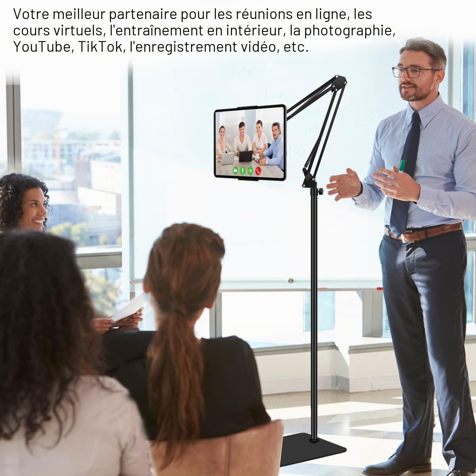 Support de plancher pour tablette, réglable, universel, pivotant à 360 degrés, en métal, support pour iPad/iPhoneX/iPad Pro ou autres appareils de 4,5 à 12,9 pouces (noir)