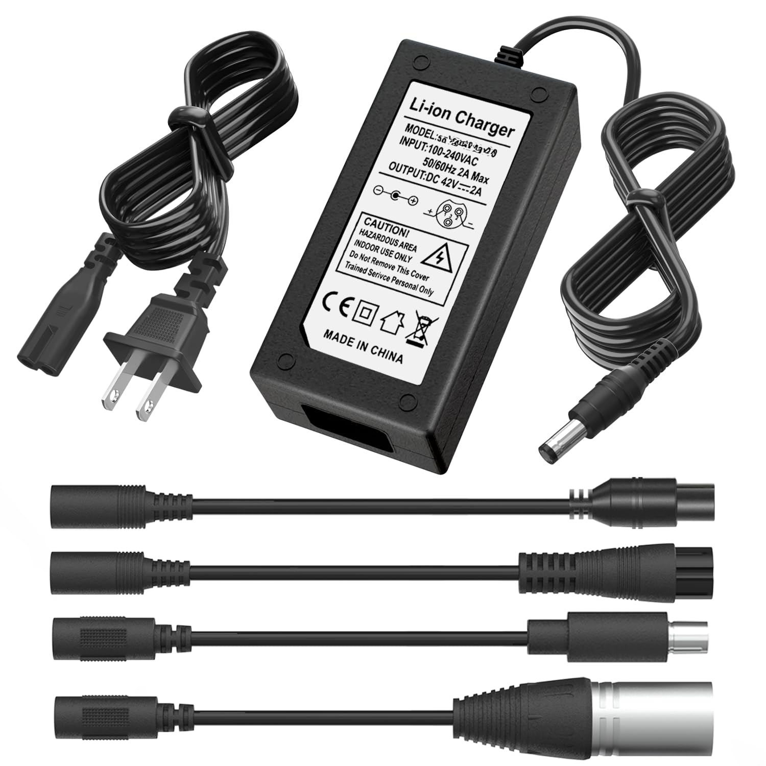 42V 2A Scoter Charger 5 Plugs for 36V Lithium Battery Pack DC 5.5 * 2.1 with 8mm 3 Prong/12mm 3 Prong Connector/8mm RCA/ 3-Pin Male XLR Connector,Universal 5 in 1 Charger Power Adapter