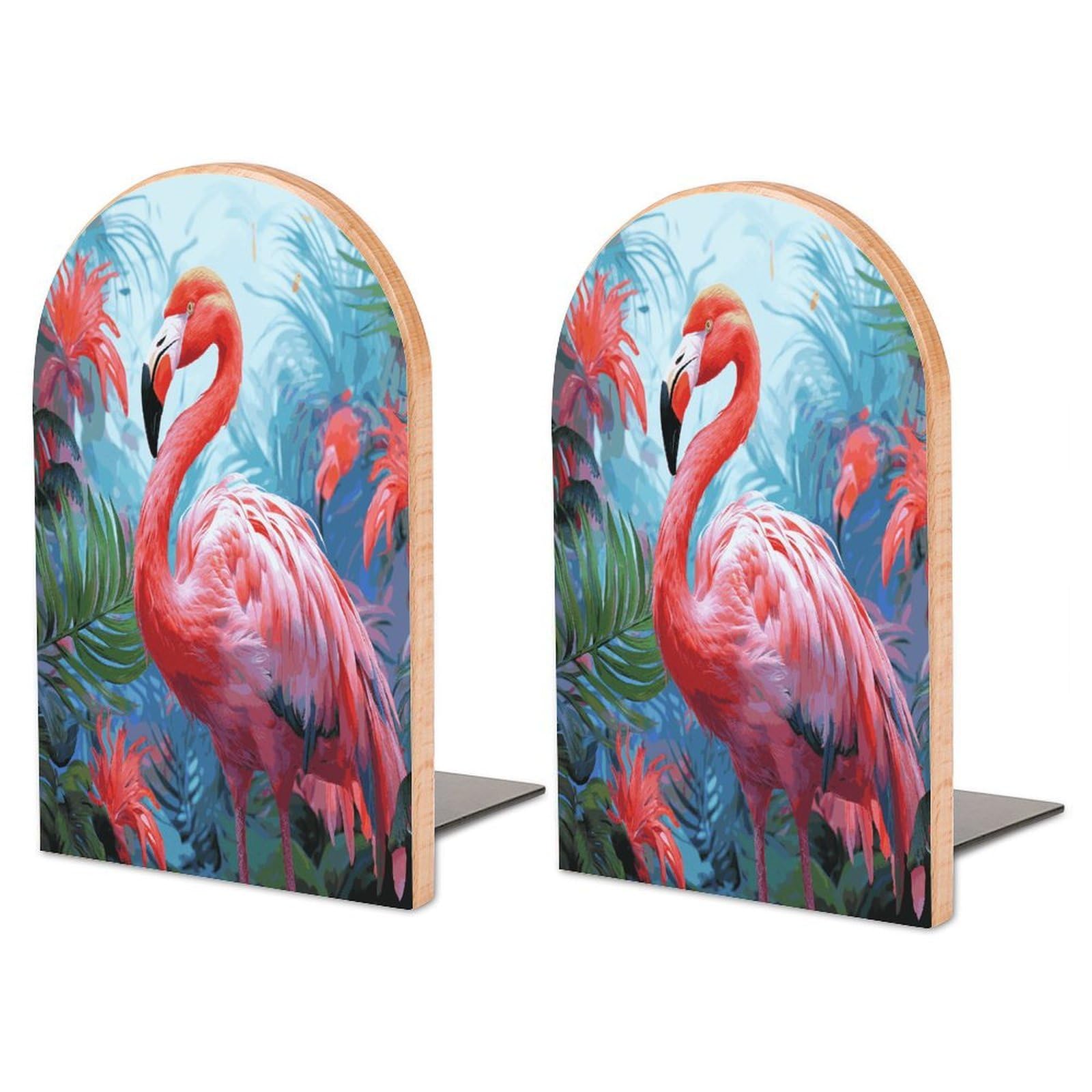 Painted Flamingo Bookend for Shelves Non-Skid Book Holder Modern Heavy Duty Bookend Stopper Metal Base Wood Book End Books Shelf Holder Home Decorative 1pair 6.7x3.9x4.7