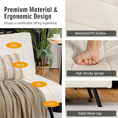 Miniatura 9 de SHUAN Deck Chair Futon Sofa Bed PU Leather Convertible Folding Couch Sleeper Lounge Convenient Installation Color  Black