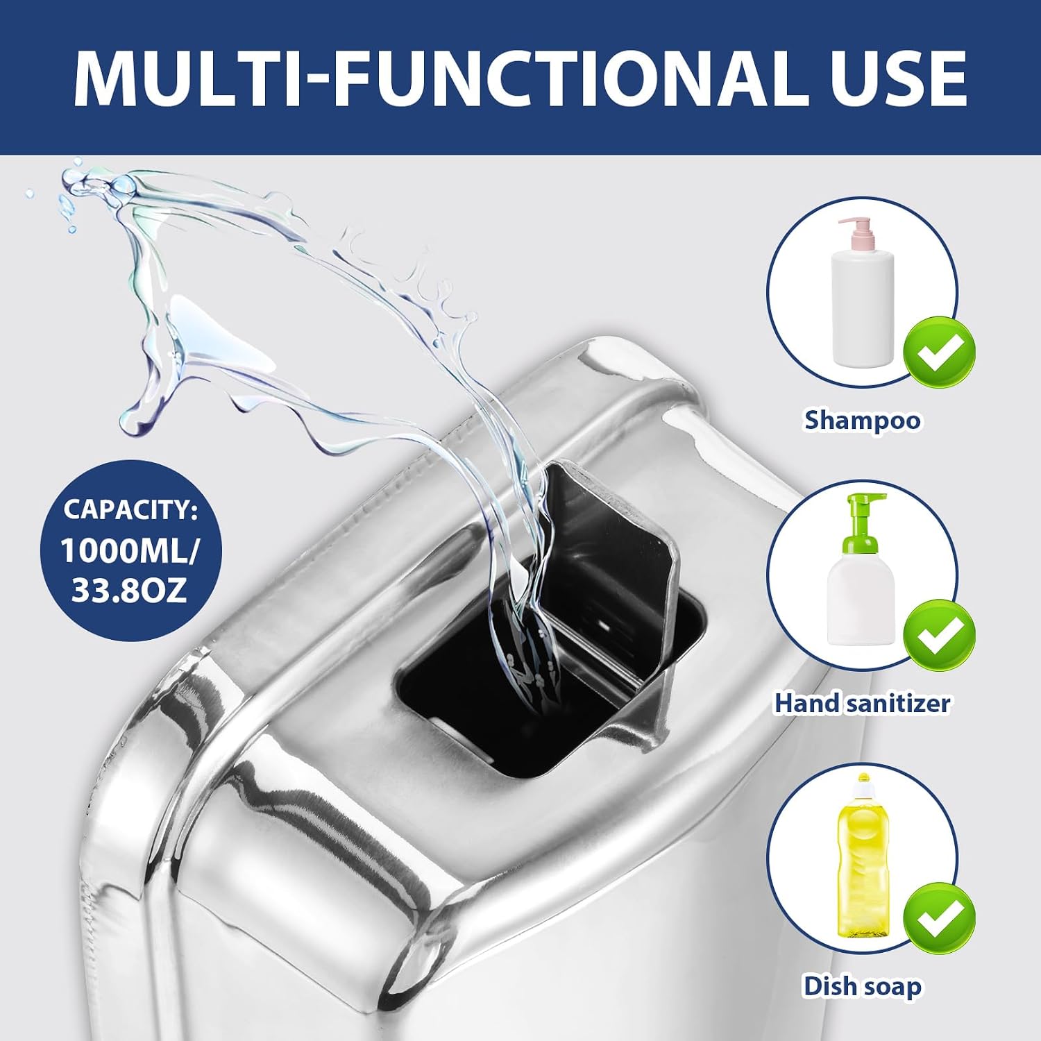 2 Pack Commercial Soap Dispenser Wall Mount, 1000ml/35 fl oz Stainless Steel Wall Mounted Soap Dispenser, Rust-Proof Anti-Leak Manual Hand Soap Dispenser for Home Bathroom Kitchen Hotel Restaurant