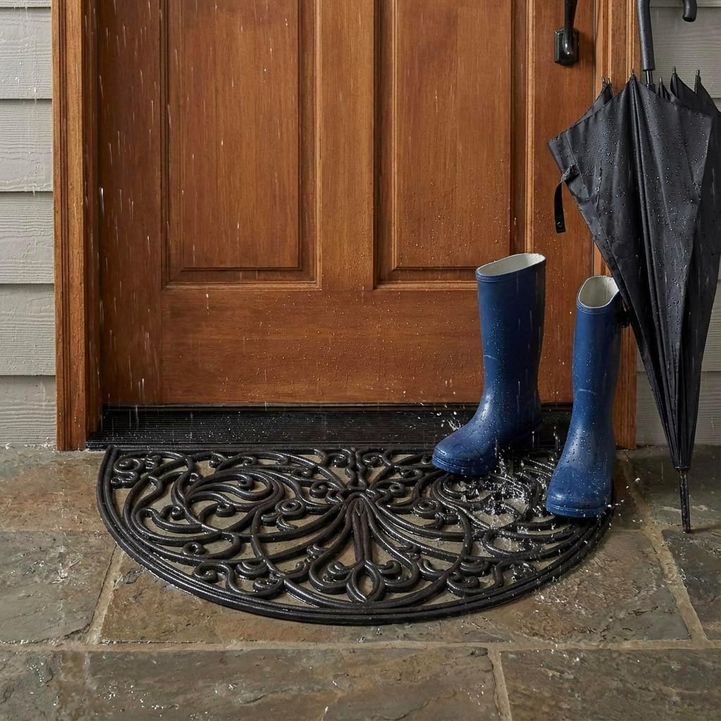 Kempf Rubber Scroll Doormat Half Moon Mat, Indoor Outdoor Entrance Mat, Low Clearance, Functional and Easy to Clean, Wrought Iron Scroll Design