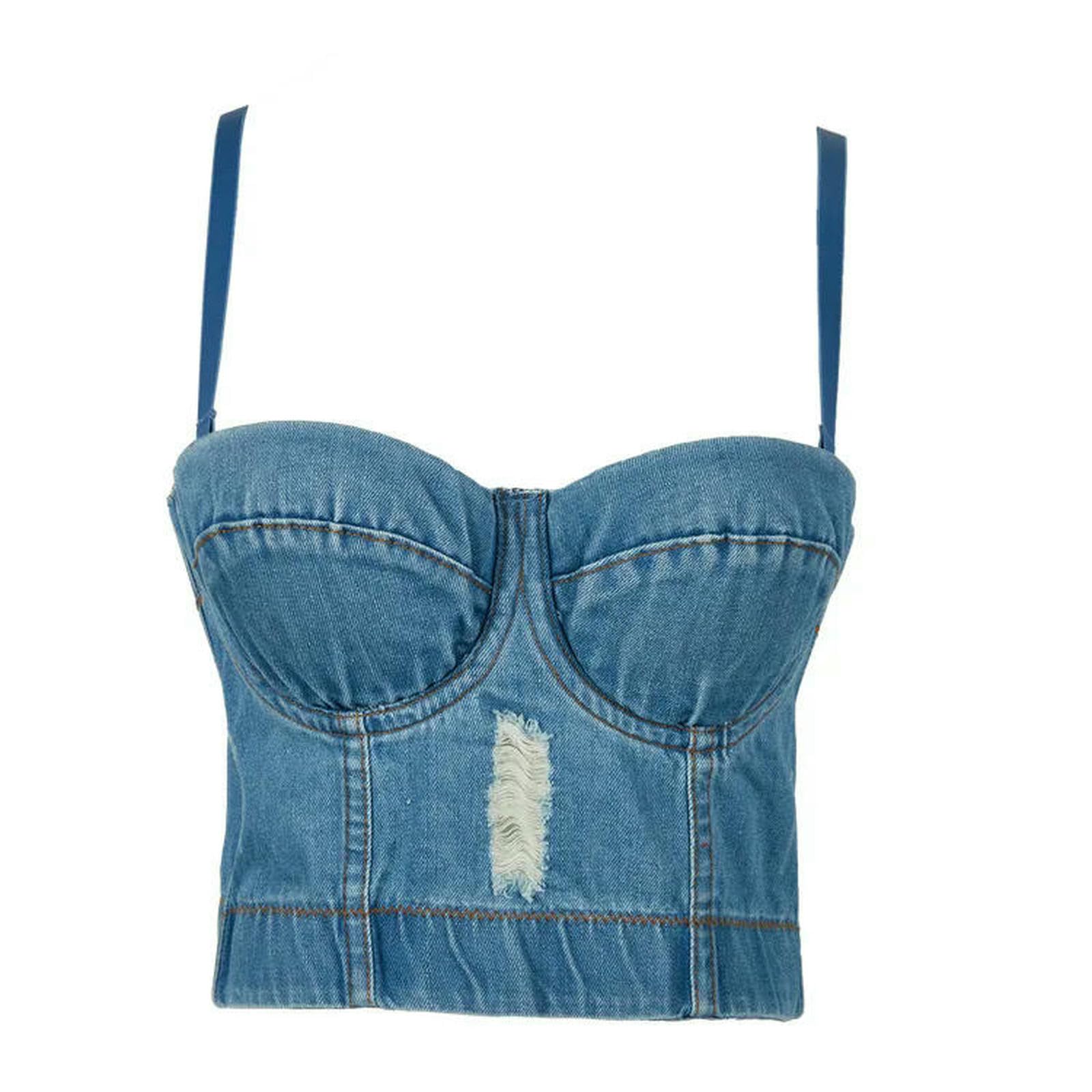 Ceinture Bling Femme Crop Top Top Letnie Damskie Sukienki Wycięte Koszule Seksowne Push Up Denim Biustonosz Bez Pleców Odzież Klub Impreza-db999-s