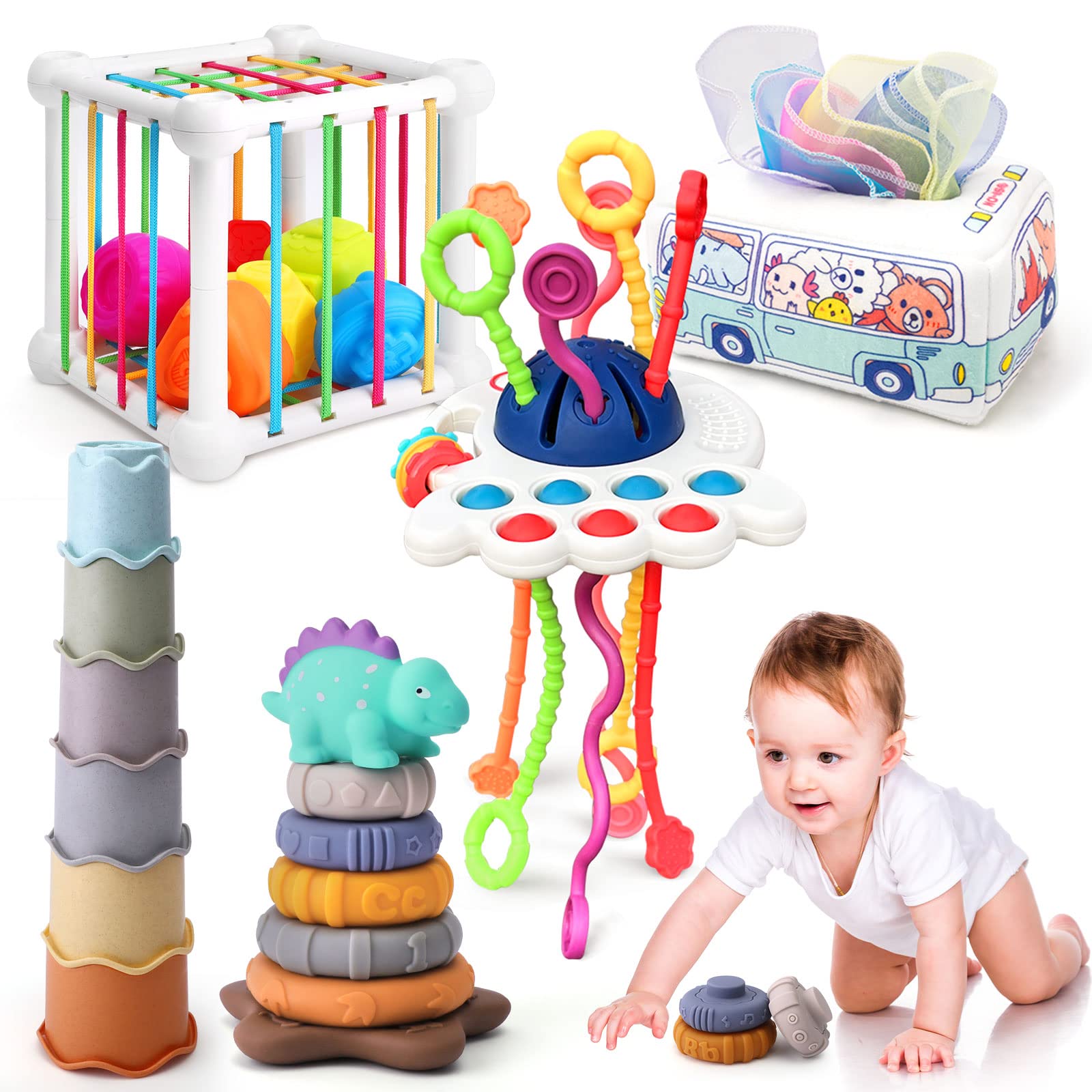 5 in 1 Baby Montessori Toys Set Include Shape Sorter Bin with Sound, Baby Tissue Box, Stacking Cups, Pull String Toy, Soft Stacking Rings, Sensory Toys for Infants Toddlers