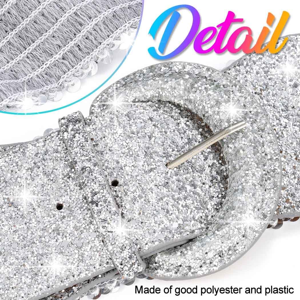 Nicute Sequin Silver Belt Bling Wide Waist Belts Sparkle Elastic Waistband for Women