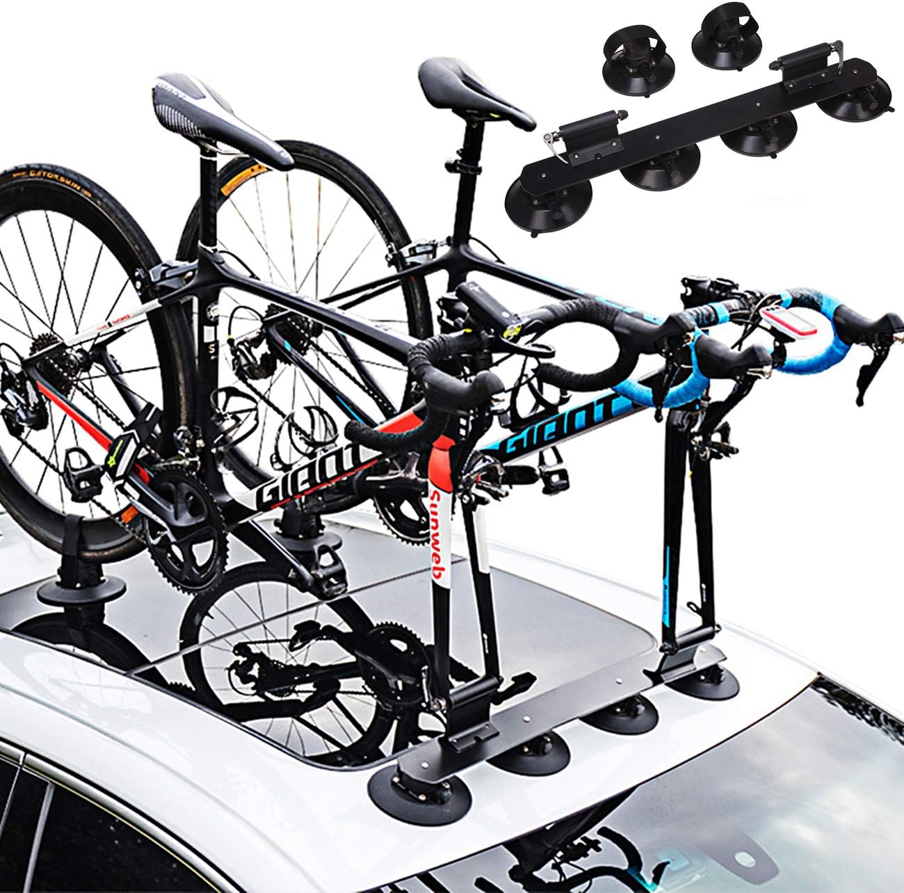 Partol Car Roof Sucker Bike Rack High Strength Vacuum Suction Cup Roof Rack Quick Release Aluminium Alloy Roof-Top Bicycle Carrier Fit for Most Cars (2-Bike, Black)