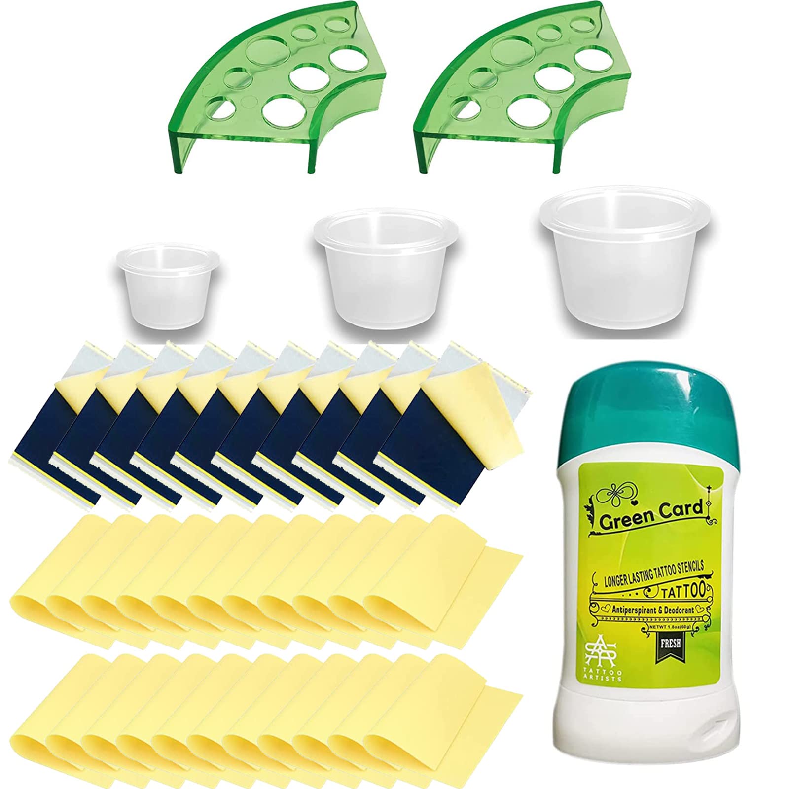 Moricher Tattoo Supplies - 300Pcs Tattoo Ink Caps with 2 Cups Holders, 10 Tattoo Practice Skin 20 Transfer Paper 1 Tattoo Transfer Cream Gel