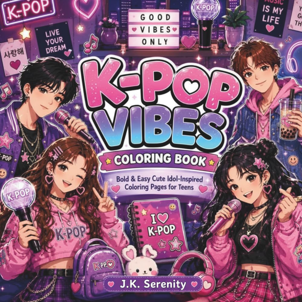 K-POP VIBES Coloring Book: Bold & Easy Cute Idol-Inspired Coloring Pages for Teens Featuring Fashion, Music, Bubble Tea, Kawaii Accessories & Korean Aesthetic Fun