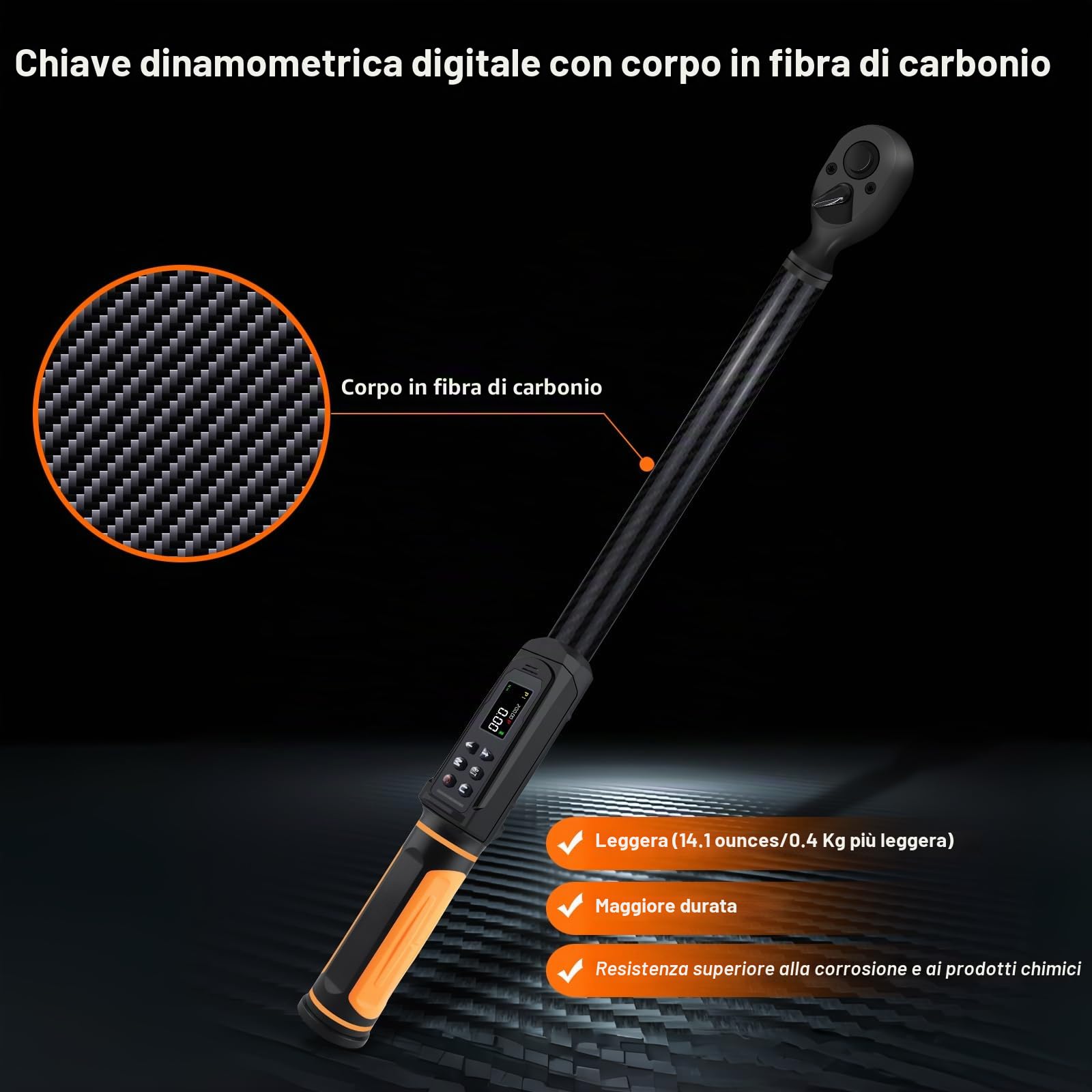 Uharbour Chiave Dinamometrica Digitale 1/2" Drive con Corpo in Fibra di Carbonio, Gamma 3-200 Nm, Precisione ±2% con Vibrazione, Cicalino e Allarme LED, Adatta per Auto, Moto e Bicicletta