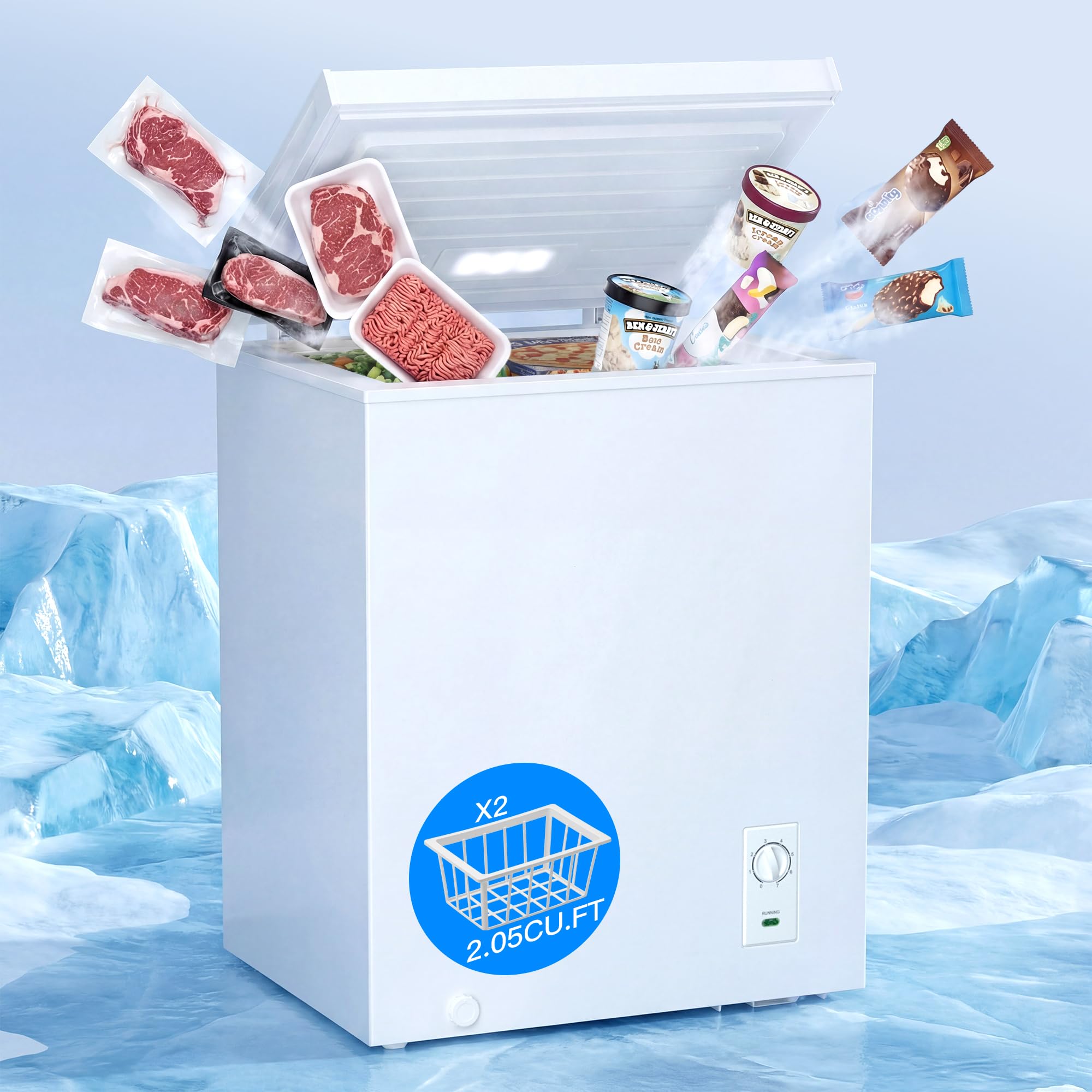 MEPTY 2.05 Cu.Ft Chest Freezer,Top Open Door Deep Freezer with 2 Removable Baskets,7 Adjustable Thermostat,Built-in LED Light,Quiet Energy Saving Freezers for Home,Kitchen,Garage Use