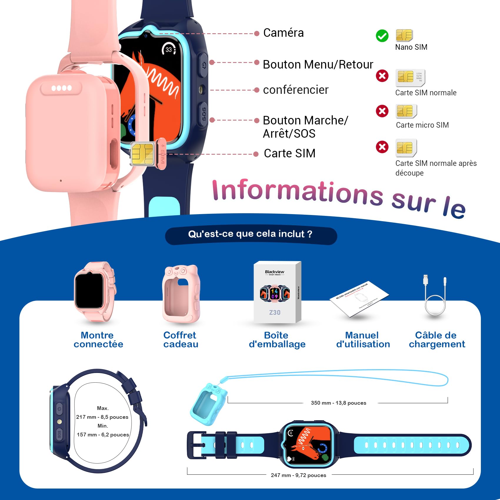 Blackview Montre Connectée Enfant, Localisation GPS+LBS+WiFi, Appel Vidéo 4G HD, Appel Téléphonique, Chat Vocal, Fonction SOS, Plusieurs Alarmes Programmables, Torche, Idéale pour Garçons et Filles