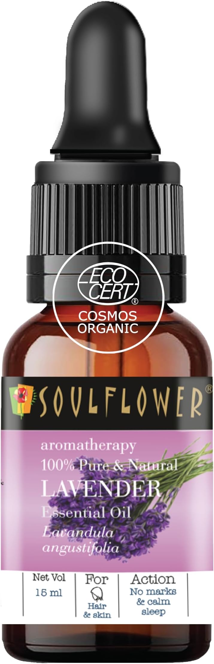 Soulflower Lavender Essential Oil for Healthy Hair & Growth, Skin, Hair Fall Control and Relaxing Sleep| Lavandula Angustifolia | Ecocert Certified Organic 100% Pure, Natural, Undiluted | 15ml