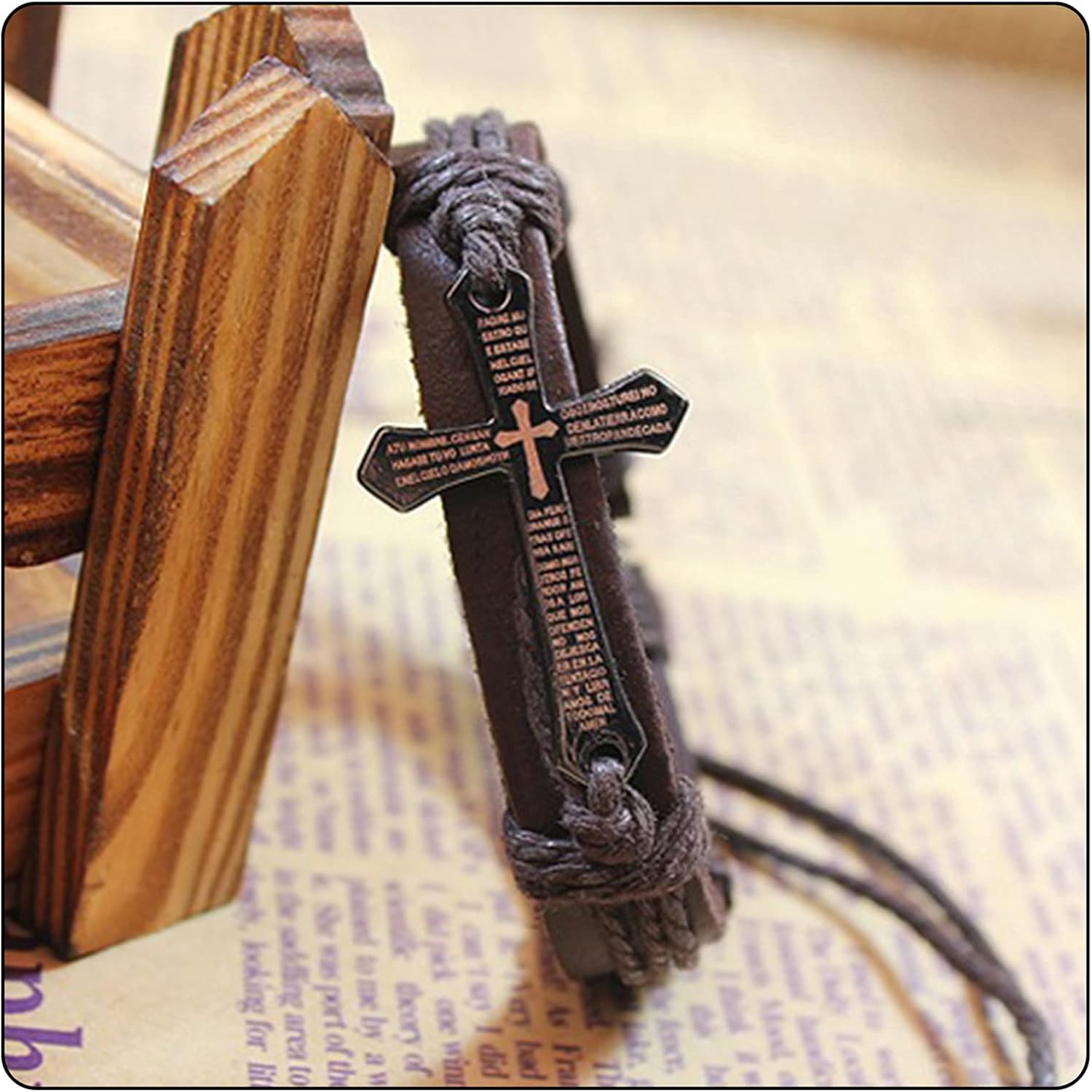 Fashion Religious Cross Spain Lord's Prayer Bracelet Leather Rope Bracelet - Image 3