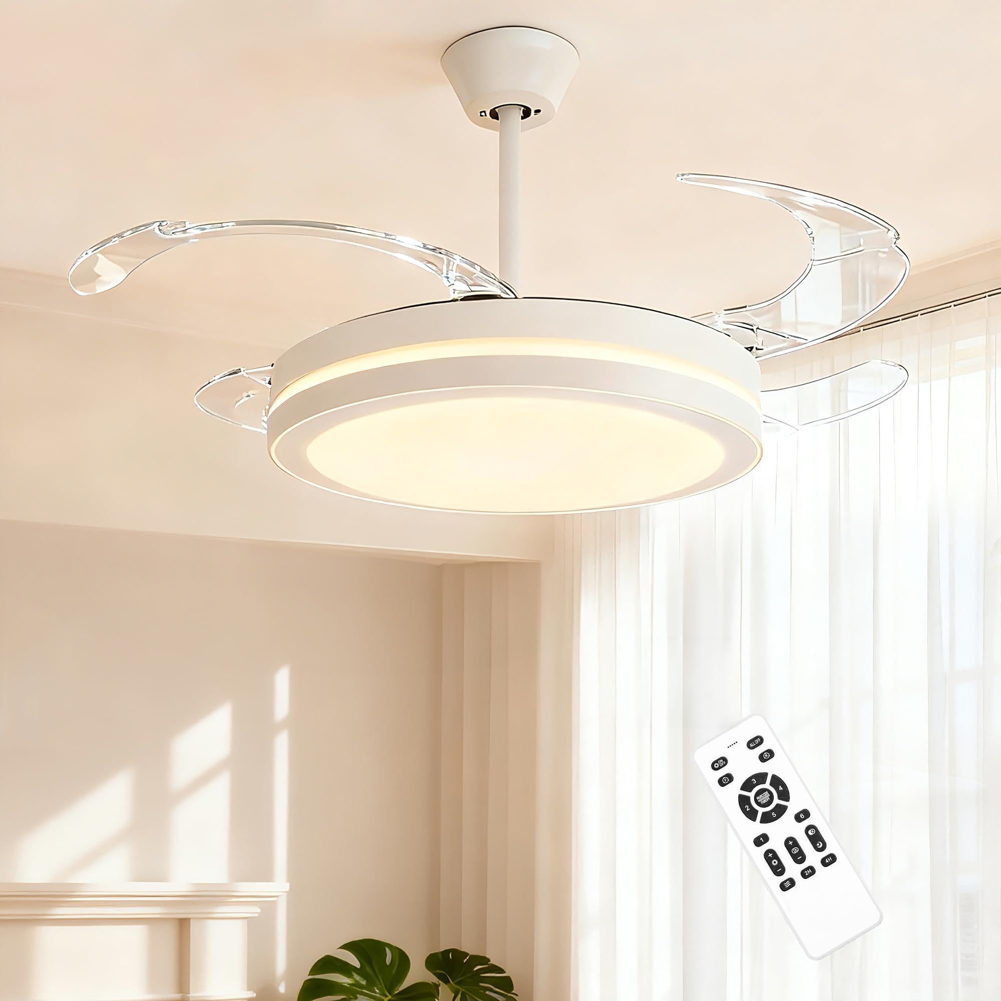 107CM Retratable Ceiling Fan with Lights & Remote, 6 Speed DC Reversible Full Copper Motor, Continous Dimmable LED Ceiling Lights, Retractable Blades, for Living Room, Bedroom, Kitchen (White-A)