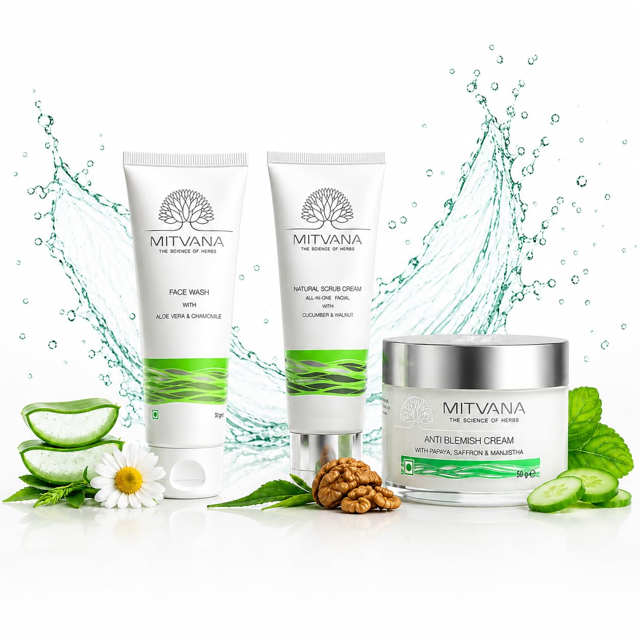 MITVANA Clear & Glow Skincare Combo | Aloe Vera & Chamomile Face Wash 100ml + Natural Scrub Cream (3-in-1) 100ml + Anti Blemish Cream 50gm | Hydrating, Exfoliating & Blemish Care Routine-image-9