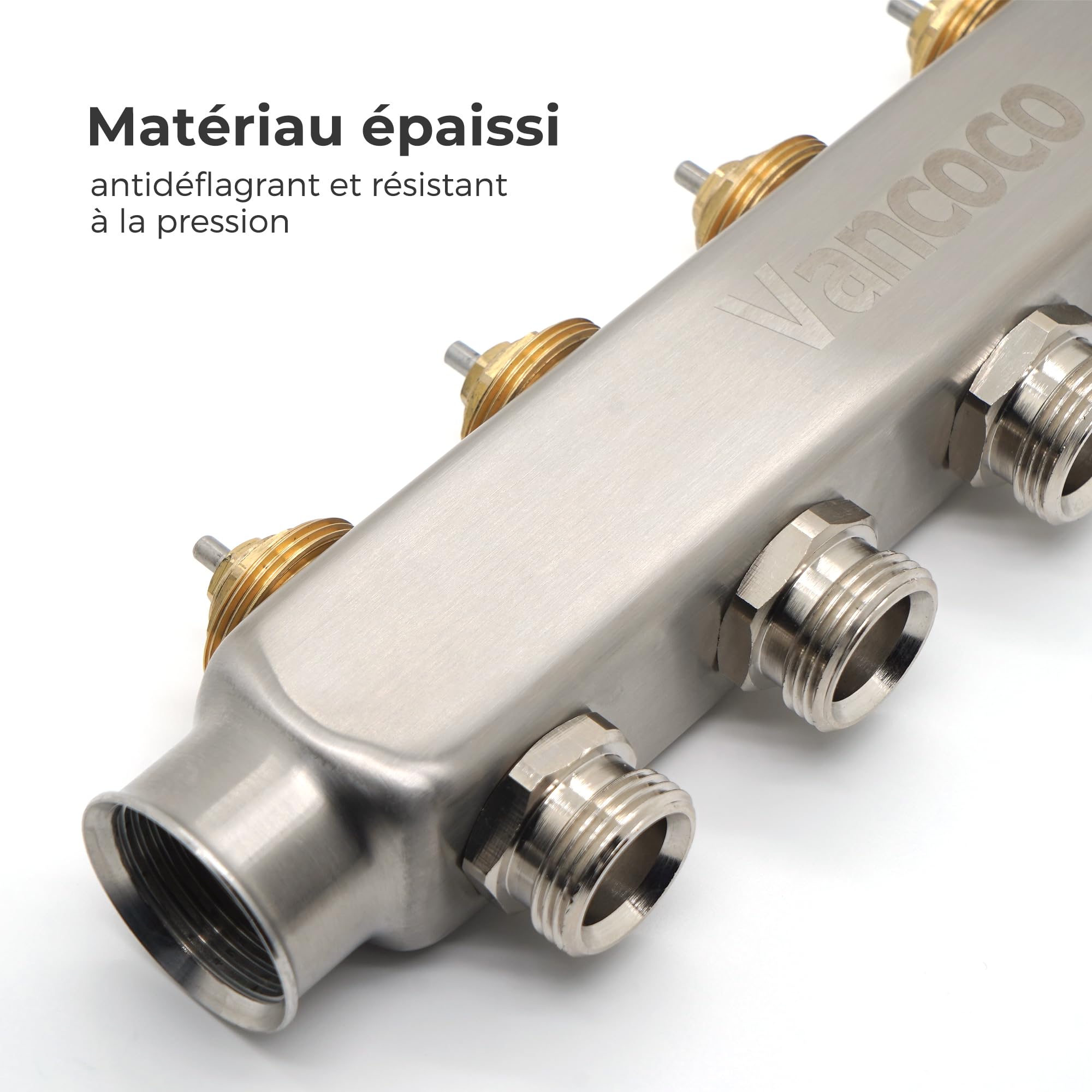 VANCOCO Collecteur Plancher Chauffage en Acier Inoxydable pour 7 Circuits avec Raccord Eurokonus 3/4 (16 x 2 mm), Collecteur pour Chauffage avec Débitmètres, Kit de Purge Rapide, Vannes à Bille 1"