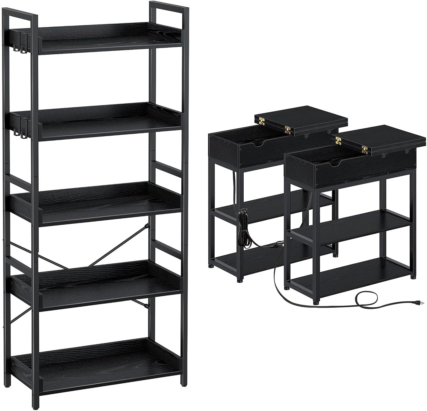 Rolanstar Bookshelf 5 Tier with 4 Hooks, Industrial Wood