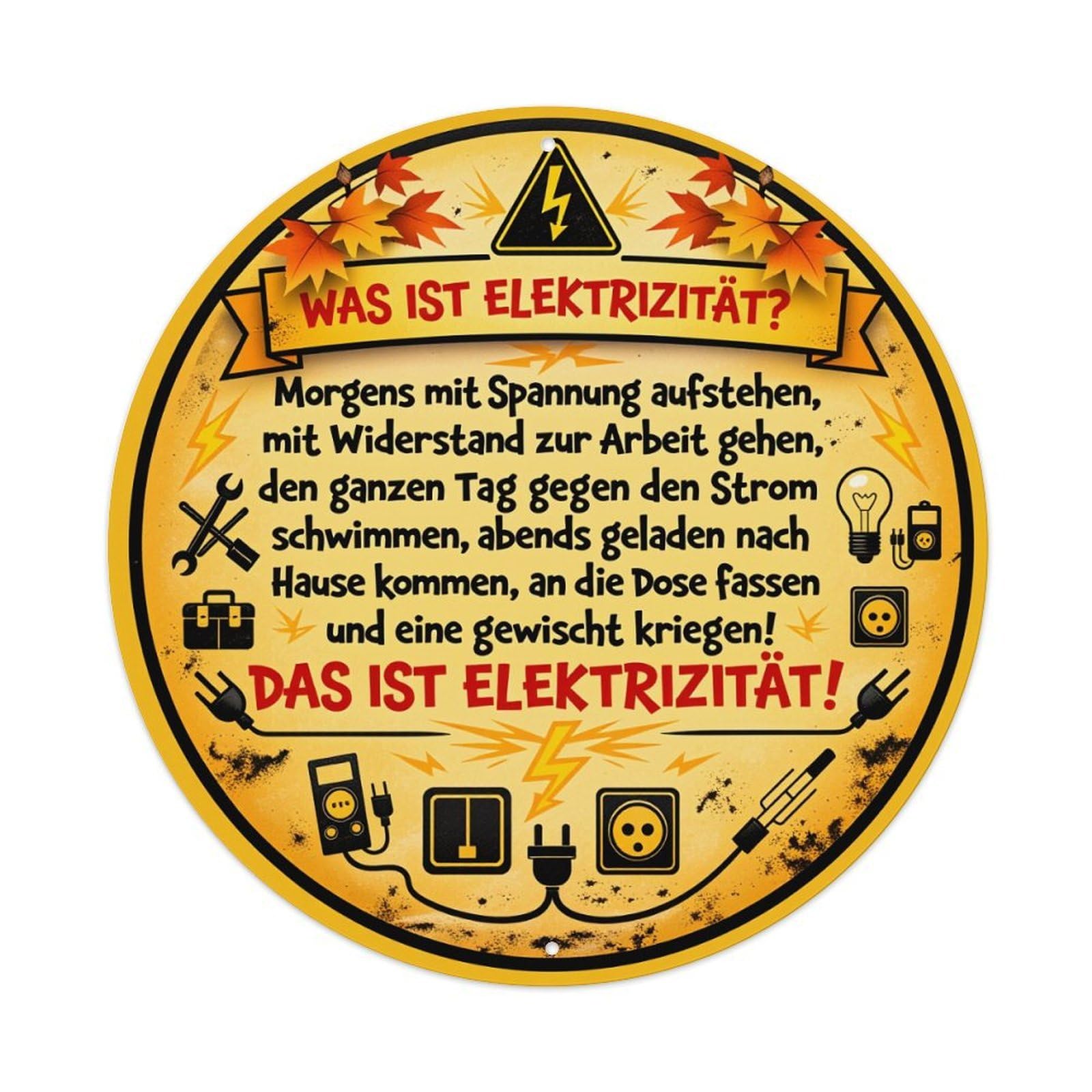Wmlzdnwr Vintage Electricity Symbol Autumn Leaves Tools Plug Socket Lightbulb Round Tin Sign,Retro Wall Art,Metal Poster For Home, Bar, Garage, Cafe, Rustic Indoor & Outdoor Decor, 8X8 Inches