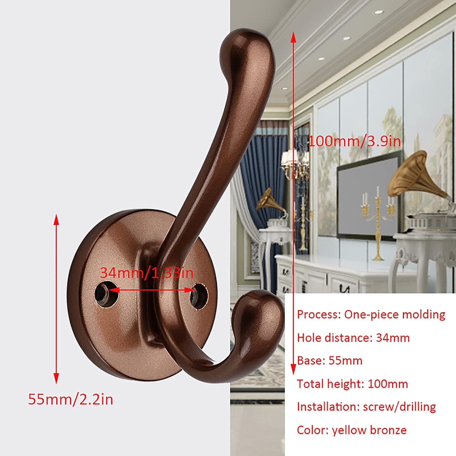 ZSH Coat Hook, European Style Double Hook Robe Hook, Wall-Mounted Clothes Hanger with Screws, for Bathroom and Bedroom Door Wall Hook, Bronze (Size : 1PACK)
