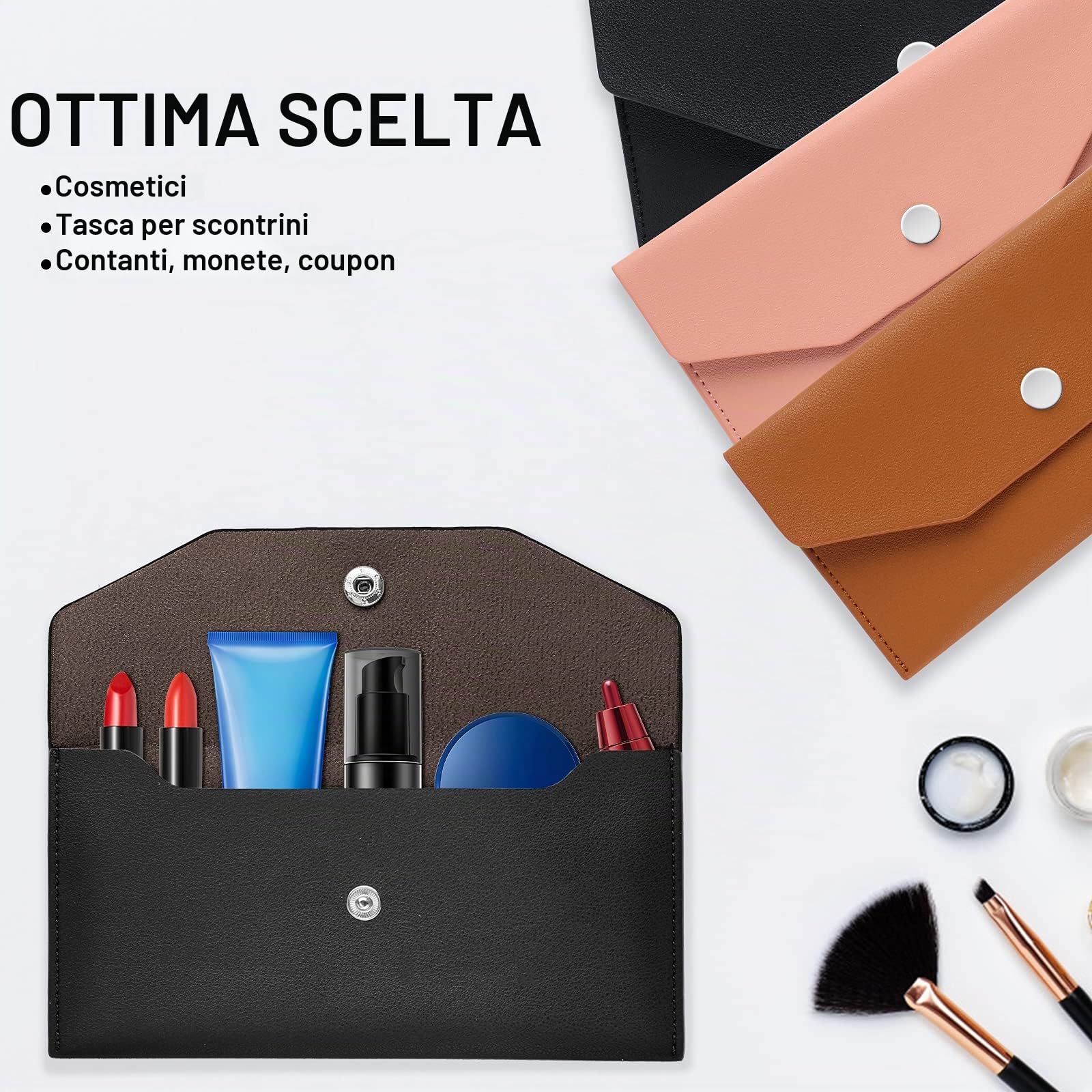 Molain Portafoglio in pelle PU con busta per contanti 7,2 x 3,6 pollici Nero