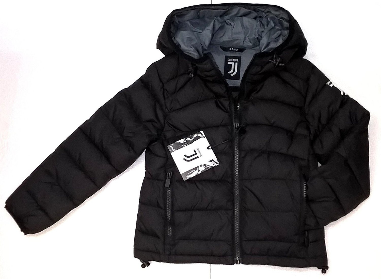 Piumino Giacca con cappuccio bambino ragazzo Juventus NUOVO LOGO bomber imbottito Juve prodotto ufficiale (NERO) (4 anni)