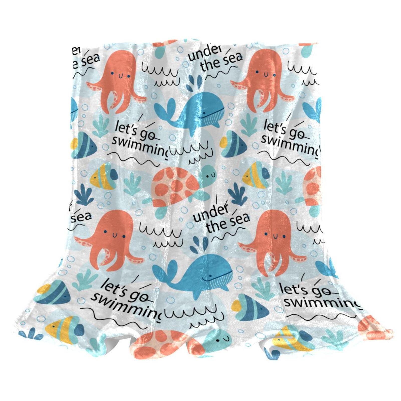 Couverture en polaire pelucheuse et ultra légère motif marin océan