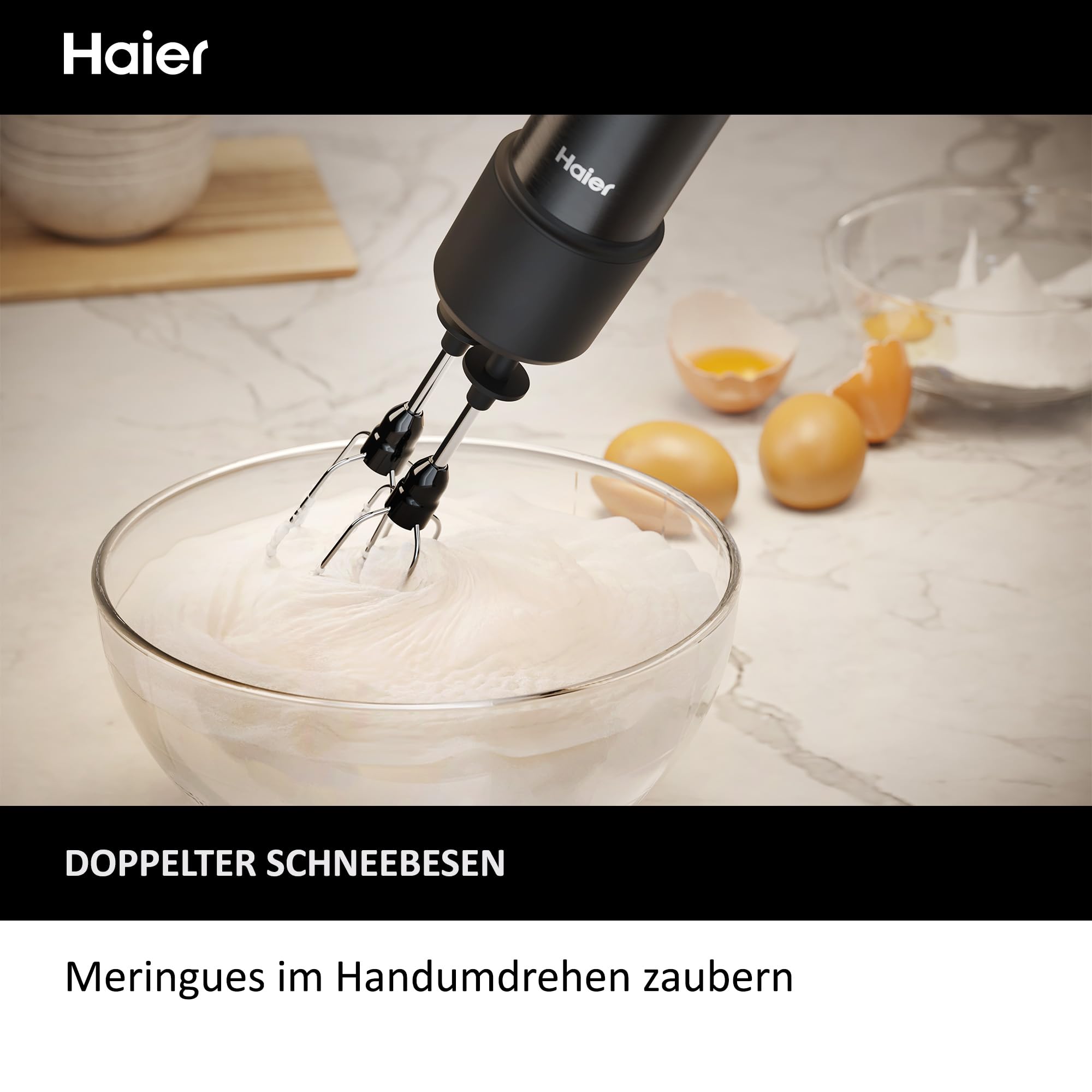 Haier Stabmixer 4-in-1 mit Messbecher, Quirl, Stampfer, Zerkleinerer I 1000W Pürierstab aus Edelstahl mit variabler Geschwindigkeit & 3 Klingen I abnehmbarer Fuß I Pulsfunktion [Serie 5 - HHB5B5]