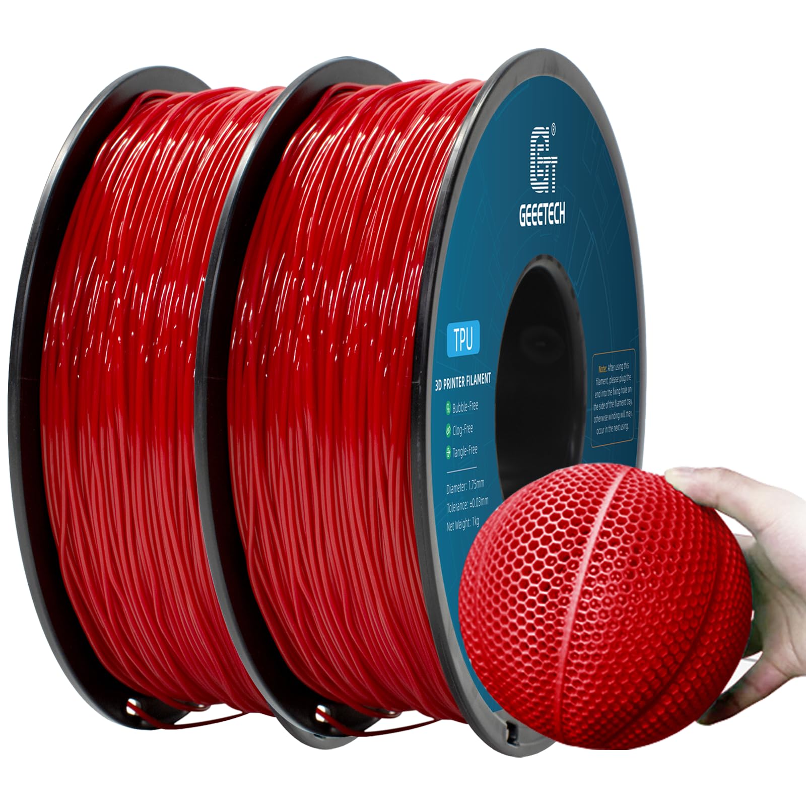 GEEETECH Filament TPU 95A 1.75mm,Filament Flexible TPU pour Imprimante 3D, 2 bobines de 1 kg,Rouge+Rouge